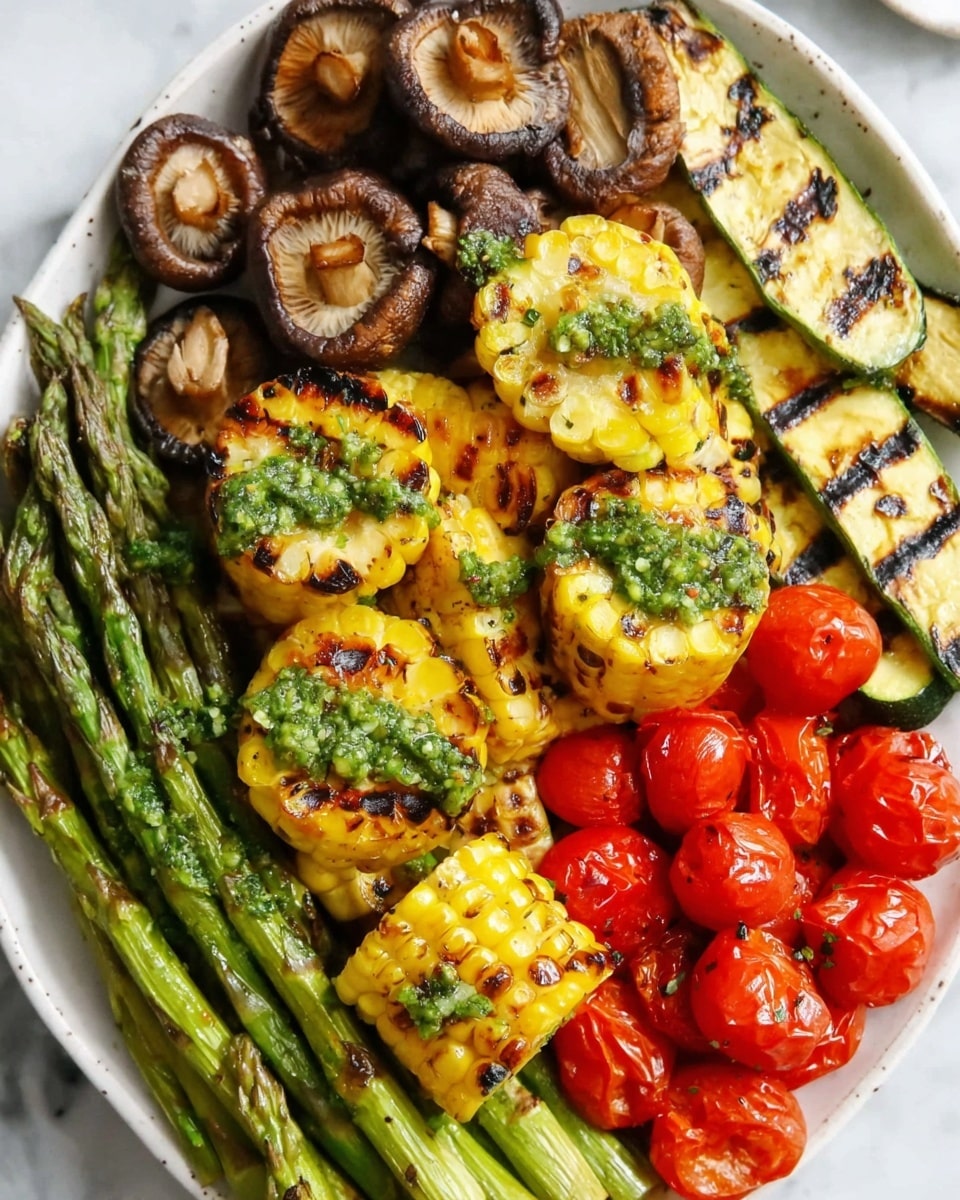 The image shows a white plate filled with a colorful mix of grilled vegetables. Starting from the left, there is a layer of bright green grilled asparagus with some char marks. Next to it, pieces of grilled corn cut into small thick rounds with a yellow color and dark grill spots, topped with a green herb sauce. In the middle and right side of the plate, there are shiny red cherry tomatoes with some grill marks, scattered among grilled zucchini slices that are long and striped with dark grill lines. At the top left corner, brown grilled mushroom slices with a slightly soft texture rest next to the corn. The plate sits on a white marbled surface. photo taken with an iphone --ar 4:5 --v 7