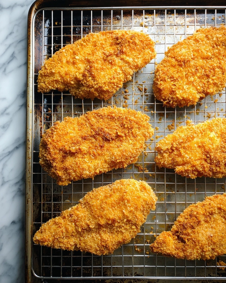 The image shows five pieces of breaded chicken with a crispy golden-brown crust. They are placed on a metal wire rack which sits on a baking tray with some dark baked spots. The background surface has a white marbled texture. The texture of the breading on the chicken looks rough and crunchy, with some small crumbs scattered around the tray. photo taken with an iphone --ar 4:5 --v 7