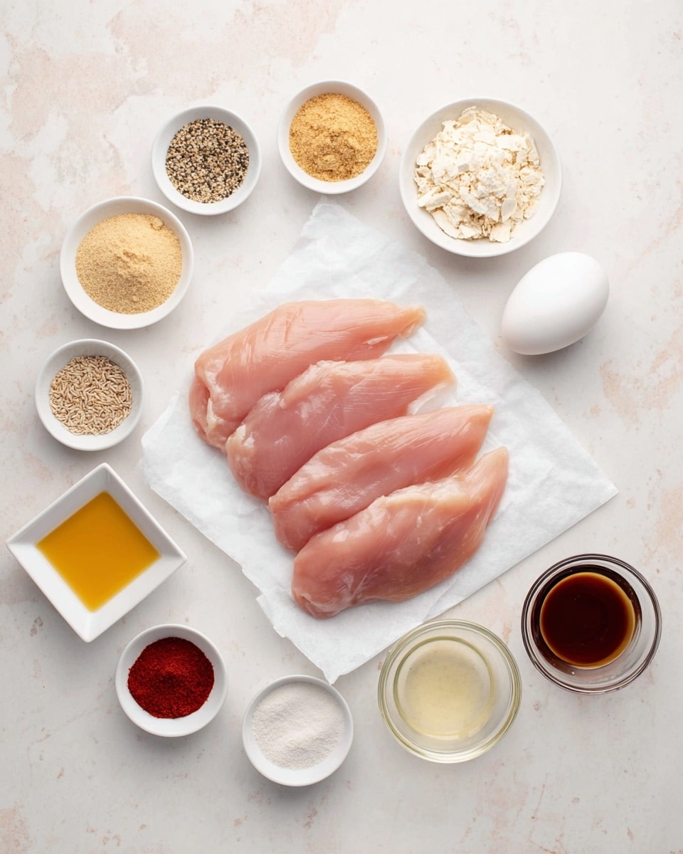 The image shows three raw, pink chicken fillets placed on white paper at the center on a white marbled surface. Around them, several small white bowls hold different ingredients: light brown powder, grated cheese, grainy mustard, sour cream, a mix of seeds and spices, light powder, dark red spice, salt and black pepper, two brown and pale yellow liquids in small square bowls, and a clear liquid in a glass bowl. A single white egg is also placed near the top center. The overall layout is neat with ingredients spread in a circular pattern around the chicken fillets. Photo taken with an iphone --ar 4:5 --v 7