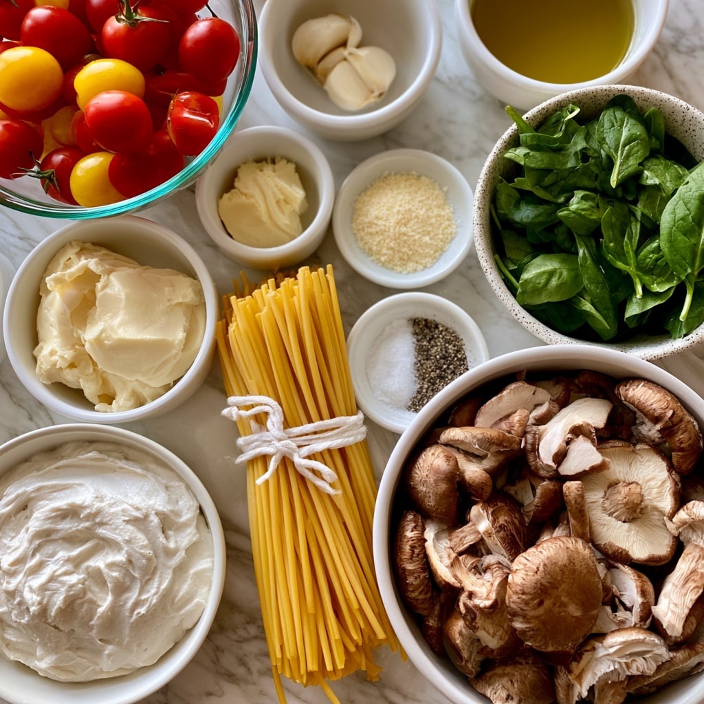 A close-up view of various ingredients arranged on a white marbled surface: a glass bowl filled with red and yellow cherry tomatoes at the top left, a small white bowl with three garlic cloves above the center, a white bowl with light golden olive oil to the right, a speckled white bowl filled with fresh green spinach below the olive oil, a large white bowl full of sliced brown shiitake mushrooms at the bottom right, and a white bowl with creamy white vegan cream cheese at the bottom left. Near the center is a bundle of uncooked yellow pasta tied with white string, surrounded by smaller white bowls containing creamy vegan butter, vegan parmesan cheese, salt and pepper. All ingredients are neatly separated and labeled. Photo taken with an iphone --ar 4:5 --v 7