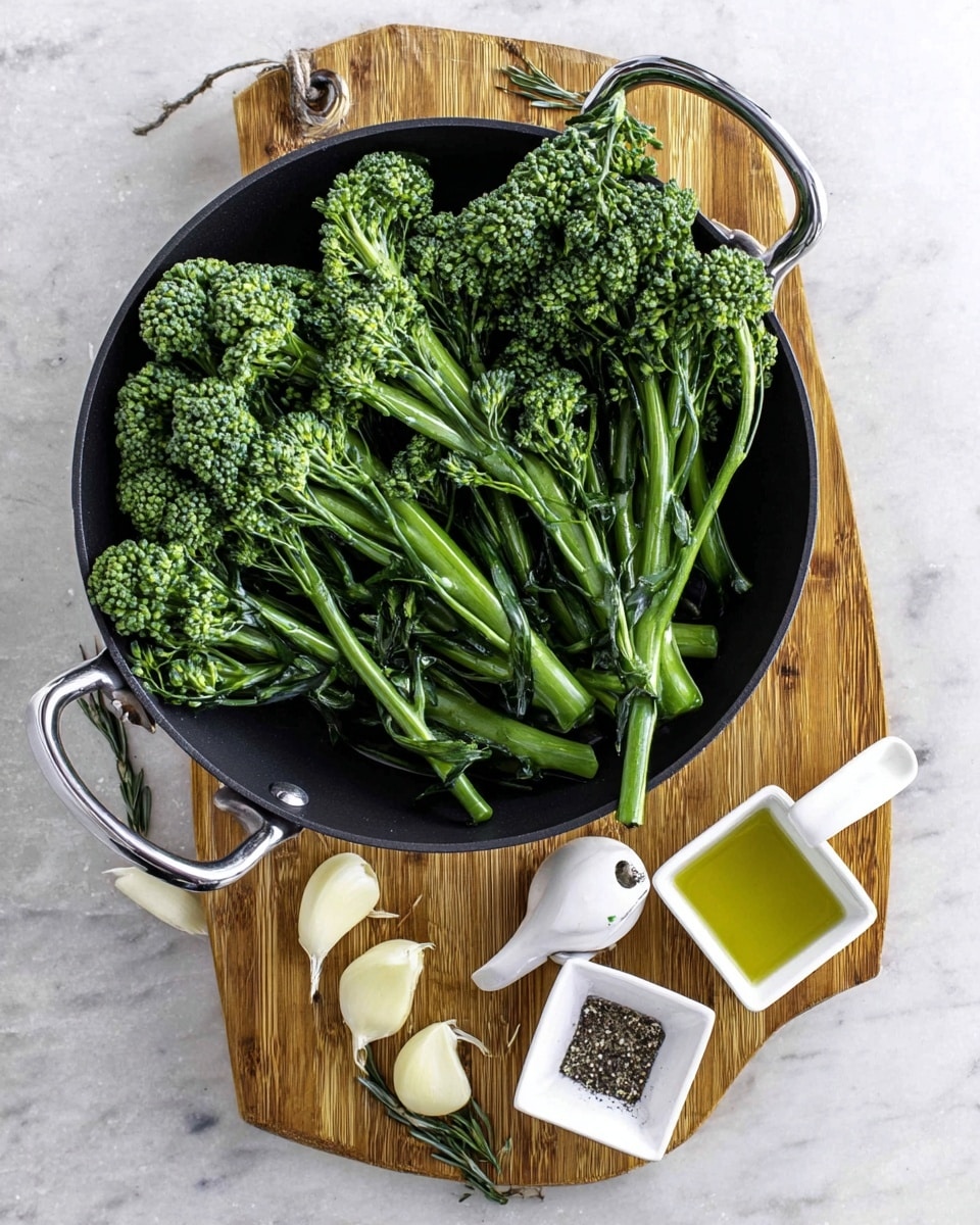 The image shows a black pan filled with fresh green broccolini with thick stems and tightly packed florets, laying on a wooden cutting board. Around the pan, on the board, there are three peeled garlic cloves, a small square white dish with greenish-yellow olive oil, another small square white dish with salt and black pepper mixed, and a white measuring cup. The whole setup is placed on a white marbled surface. The pan has silver handles that shine softly in the light. Photo taken with an iphone --ar 4:5 --v 7