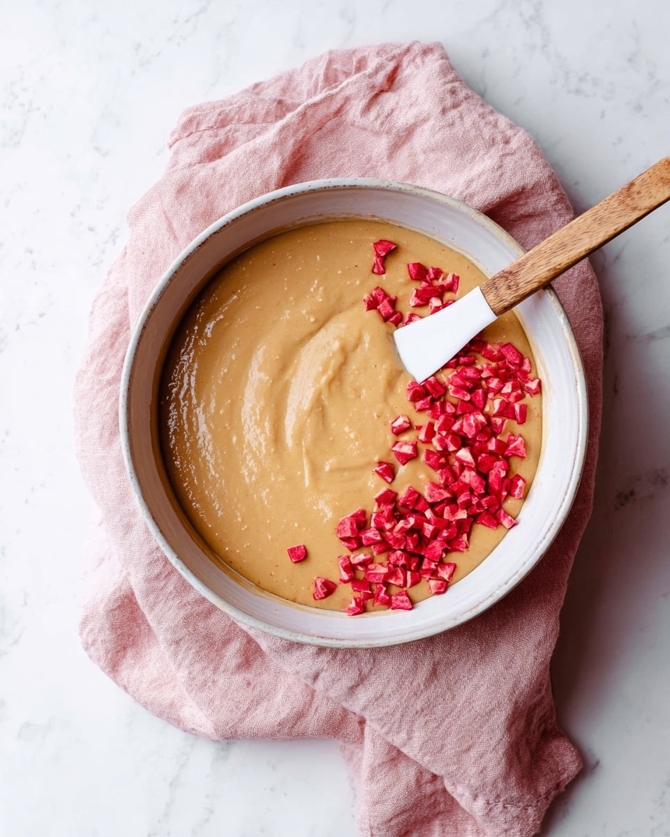 A white bowl filled with a smooth, light brown creamy mixture, spread evenly inside. On the right side of the bowl, there are many small, bright red diced pieces sitting on top of the creamy base. A white spatula with a wooden handle rests inside the bowl, its blade touching the creamy mixture near the red diced pieces. The bowl sits on a soft pink cloth napkin, placed over a white marbled surface. Photo taken with an iphone --ar 4:5 --v 7
