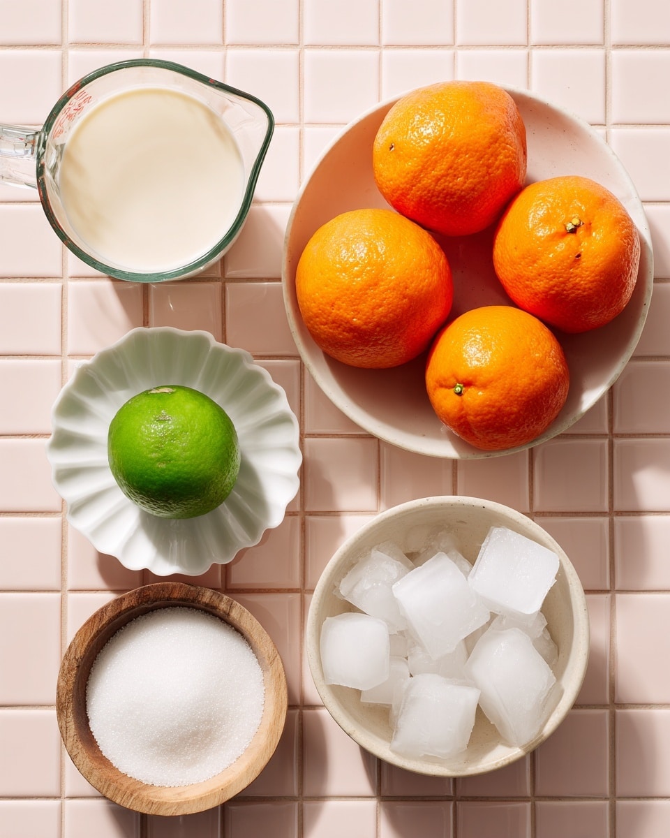 A top-down view of ingredients displayed on a white marbled textured surface with pink tiles pattern, featuring a clear measuring cup filled with light beige evaporated milk on the top left, next to a white bowl filled with five bright orange oranges stacked on top of each other on the right. Below the cup, there is a small white fluted dish holding a single bright green lime, followed by a small round wooden bowl filled with white sugar beneath it. To the right of the sugar bowl, there is a small beige bowl filled with white ice cubes. Near the ice, there is a small white dish with dark brown vanilla extract. The colors are bright and clear, with all elements neatly arranged and labeled. Photo taken with an iphone --ar 4:5 --v 7