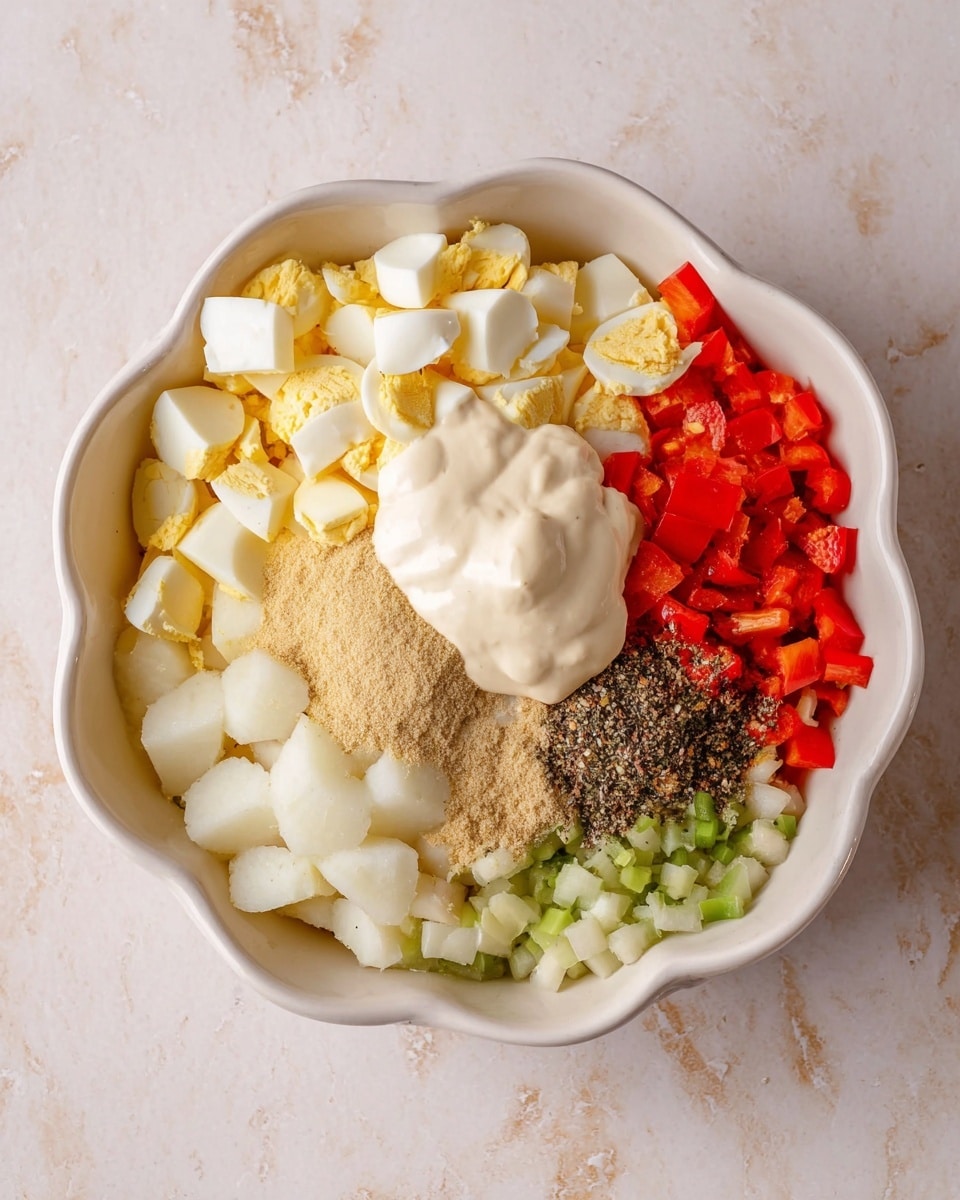 A white flower-shaped bowl sits on a white marbled surface filled with layers of colorful ingredients arranged side by side. On the left, there is a layer of chopped hard-boiled eggs in white and yellow tones, followed below by a thick dollop of creamy white mayonnaise. In the center near the top, there is a small mound of beige mustard, and underneath it are diced white potatoes. To the right of the potatoes is a mix of chopped green and red bell peppers. Scattered over the middle and bottom layers are several fine spices in black, white, and yellowish shades, adding texture and color contrast to the dish. Photo taken with an iphone --ar 4:5 --v 7