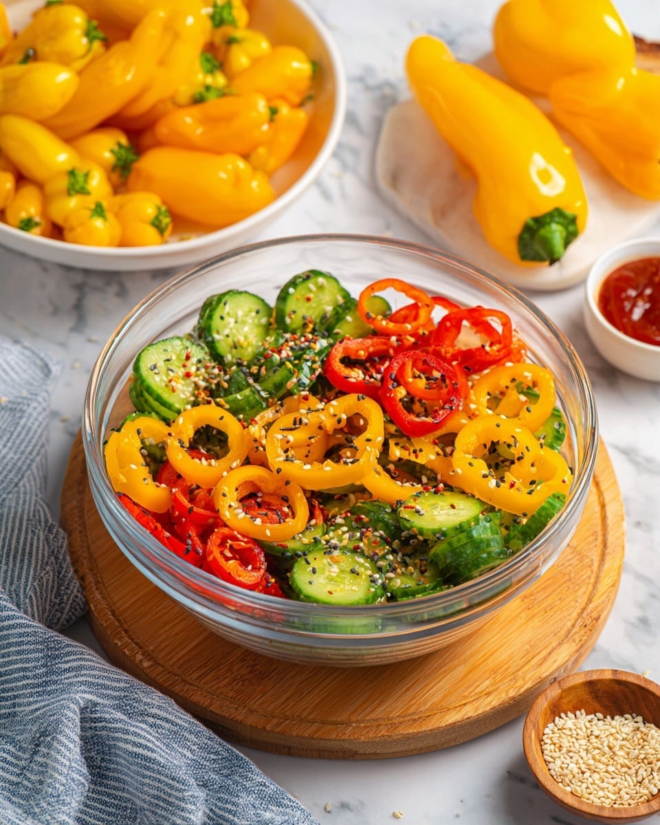 The image shows a clear glass bowl filled with a colorful salad, featuring two main layers: sliced green cucumbers and ring-shaped mini bell peppers in bright yellow, orange, and red. The cucumber slices have a fresh, slightly wet texture with visible seeds and light seasoning of black and white sesame seeds and chili flakes scattered on top. The bell peppers are vibrant and shiny, mixed evenly throughout the cucumbers. A wooden spoon is lifting a portion of the salad, highlighting the different colors and textures. The bowl sits on a white marbled surface, making the colors pop. photo taken with an iphone --ar 4:5 --v 7