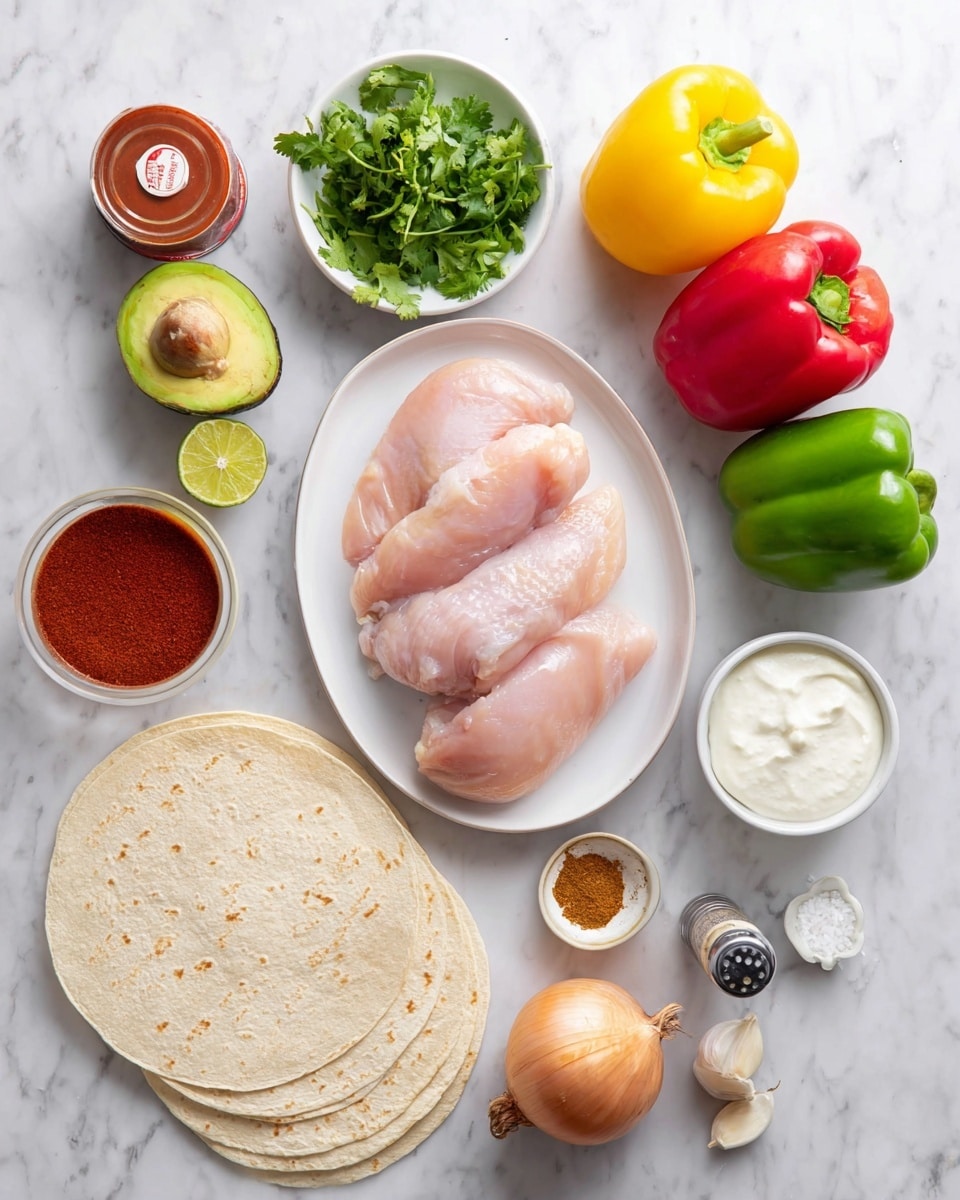 The image shows a white oval plate holding three raw pale pink chicken pieces placed on a white marbled surface. Next to the plate is a small white bowl full of fresh green cilantro, a whole green bell pepper, a yellow bell pepper, and a red bell pepper arranged vertically. A whole light brown onion is near the peppers, and a white bowl with creamy white sour cream is beside them. Below these, multiple tortilla wraps with a light beige color and soft texture are stacked. On the left side, half an avocado with a green inside and brown seed is placed along with a can of red tomato sauce and various spices in small white bowls, including red chili powder and brown cumin. Cloves of garlic, a lime, salt, and a pepper shaker are scattered around on the white marbled surface. Photo taken with an iphone --ar 4:5 --v 7