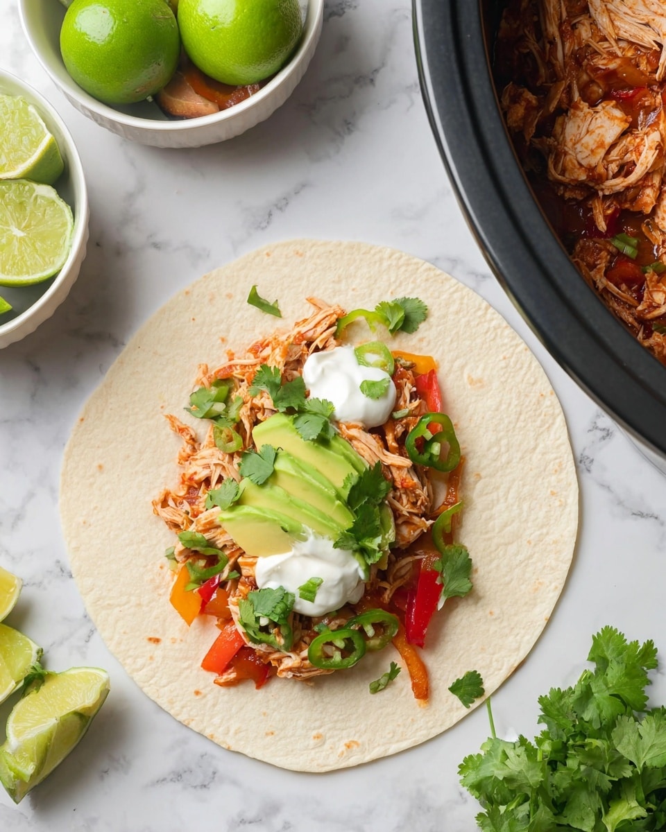 A soft white tortilla is laid flat with three main layers visible in the center: the bottom layer is shredded cooked chicken mixed with cooked red and yellow bell peppers; the middle layer is fresh green cilantro leaves scattered on top; the top layer has thin slices of light green avocado and dollops of white sour cream. The tortilla rests on a white marbled surface. On the right side, a black container shows more shredded chicken with jalapeño slices and bell peppers. At the bottom left, a white bowl holds whole and sliced bright green limes. On the top right, there is a hint of a white bowl with fresh cilantro leaves. Photo taken with an iphone --ar 4:5 --v 7