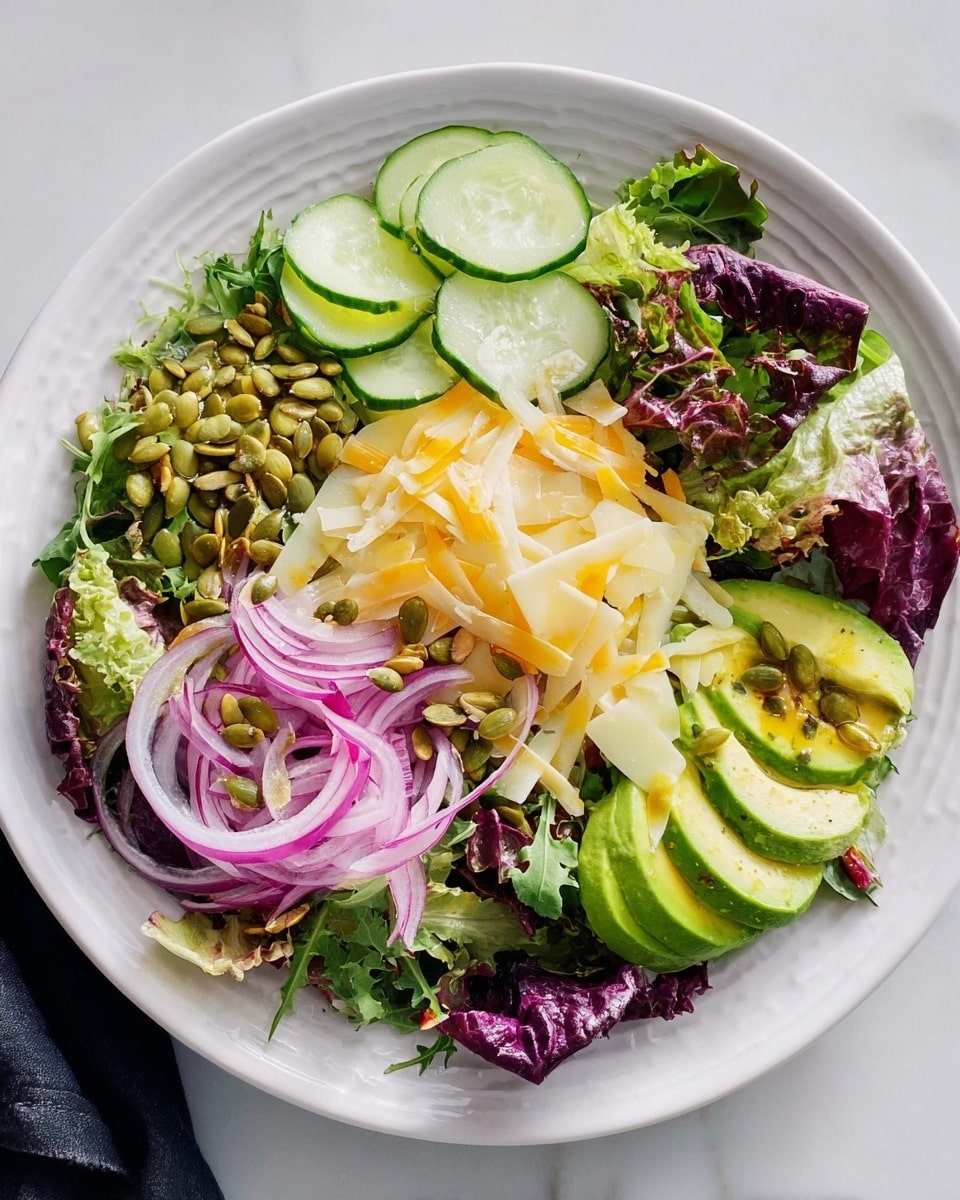Mixed Greens Salad with Avocado, Pepitas, and Parmesan Recipe 4 A white textured plate holds a fresh salad with five distinct layers arranged in sections. The bottom layer is a bed of mixed green and purple leafy lettuce covering the entire plate. On top, there are thinly sliced light green cucumber rounds with yellow centers, juicy green avocado slices with a smooth texture, thin strips of purple-red onion, a pile of pale yellow shaved cheese, and a scattering of green pumpkin seeds adding texture. A light dressing with a slight shine coats some of the vegetables. The plate sits on a white marbled surface. photo taken with an iphone --ar 4:5 --v 7
