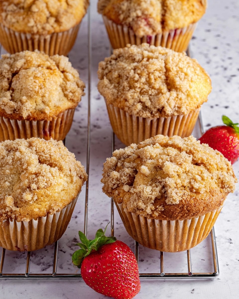 The image shows a group of golden brown muffins on a metal cooling rack placed on a white marbled surface. Each muffin has one thick layer of crumbly streusel on top with a light golden color and a rough texture. The muffins have a smooth, slightly domed body with visible specks of red fruit inside. The paper liners on the muffins are light tan with vertical ridges. One fresh red strawberry with a green leafy top is placed near the muffins for decoration. Photo taken with an iphone --ar 4:5 --v 7