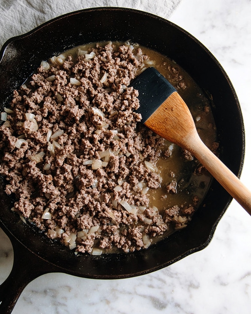 A black cast iron pan filled with cooked ground beef mixed with small pieces of translucent cooked onions, sitting in a light brown broth at the bottom. A wooden spoon with a black silicone head rests inside the pan on the right side. The pan is placed on a white marbled surface. photo taken with an iphone --ar 4:5 --v 7