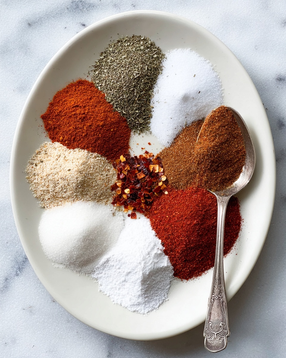 A white round plate holds nine different spices arranged like separate small piles forming a circle, with a vintage silver spoon resting on the right side. Starting from the top and moving clockwise, there is a greenish dried herb pile, a coarse black pepper pile, a fine white salt pile, a bright red spice pile, a small mound of white powder, a slightly larger mound of white powder next to it, a light beige powder, a large reddish-brown spice pile with a small dip in the center, and in the middle of the circle a small pile of red chili flakes. The plate sits on a white marbled surface. Photo taken with an iphone --ar 4:5 --v 7