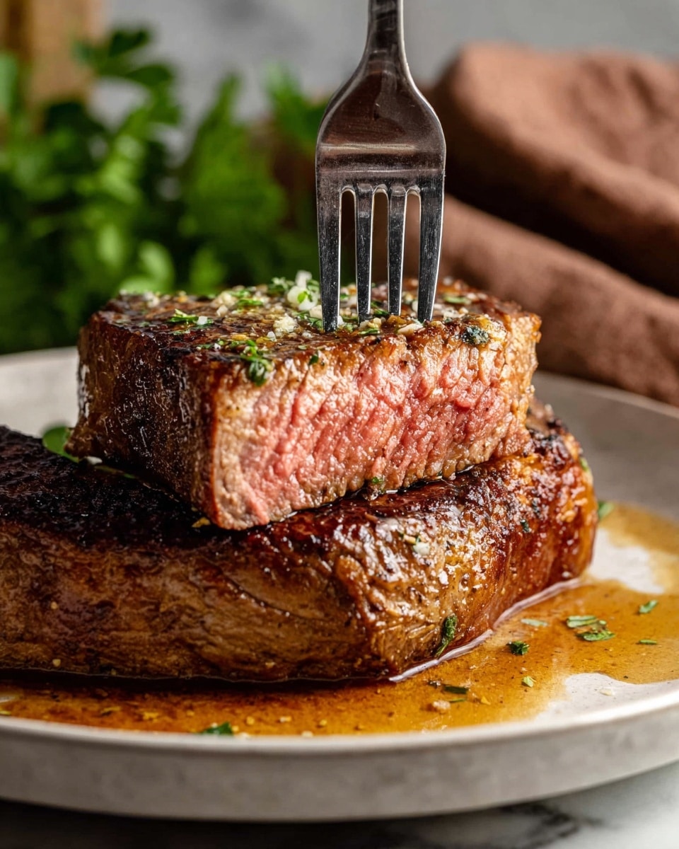 A close-up view of a thick, juicy steak cut in half to show a pink, tender inside with a well-seasoned, browned crust. The top layer is pierced by a metal fork, revealing a soft, moist texture. The steak sits on another piece of meat with a dark browned crust and some green herb sprinkles. The two pieces rest on a white plate with rich, golden-brown steak juices pooling around them. The background shows a soft brown cloth on a white marbled surface with green parsley leaves on the left side. Photo taken with an iphone --ar 4:5 --v 7