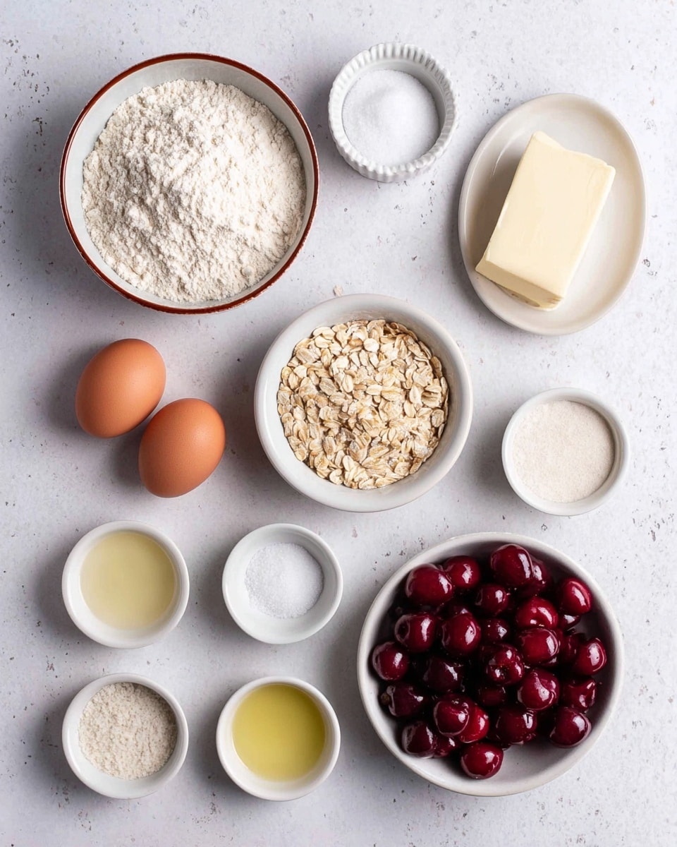 The image shows an overhead view of multiple small white bowls and plates with ingredients on a white marbled surface. The top left has a large white bowl full of pale, powdered flour with a brown rim. Below it to the left are two brown eggs lying side by side near a white ramekin filled with white sugar. To the right of the eggs is a small white plate holding a stick of pale yellow butter. Central in the layout is a medium white bowl of light brown rolled oats. Moving upwards and right, there are smaller white bowls containing light yellow oil, granulated white sugar, a mix of white powders, and a small amount of salt. In the bottom right corner, a large white bowl with a brown rim holds shiny red cherries piled up. The entire scene is neatly arranged with good spacing, lit evenly suggesting natural light. Photo taken with an iphone --ar 4:5 --v 7