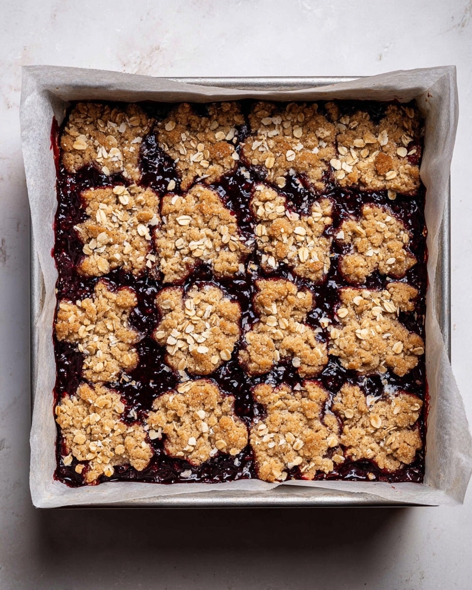 The image shows a baked square dessert in a metal baking pan lined with parchment paper. The dessert has two main layers: a top layer of golden brown oat dough pieces sprinkled with some loose oats, arranged unevenly over a dark purple filling beneath. The dark filling is thick and jam-like with a shiny, slightly sticky texture, visible between the irregular oat dough patches. The background surface is white marble, highlighting the colors of the dessert. photo taken with an iphone --ar 4:5 --v 7