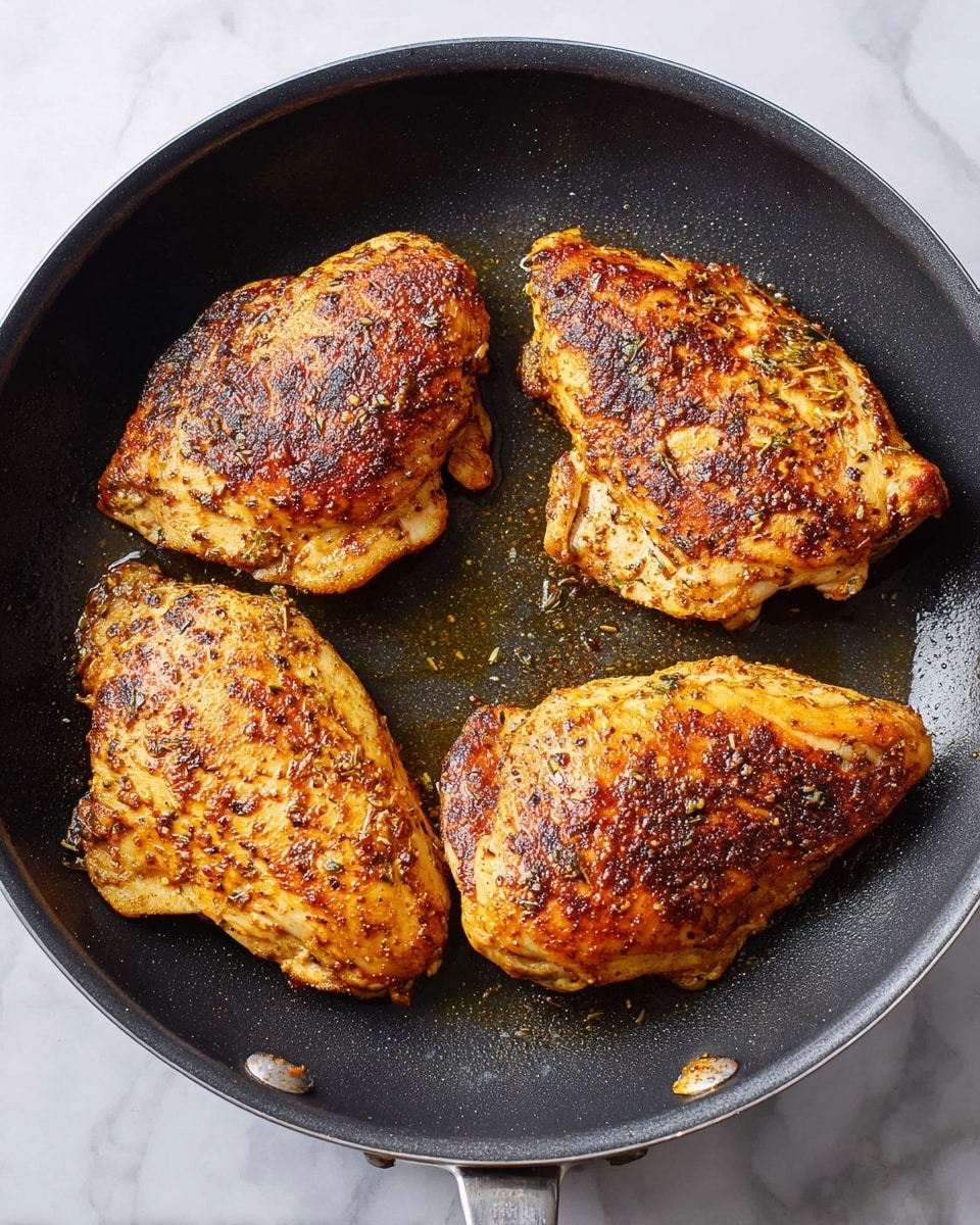 A black pan holds four cooked chicken pieces, each with a golden brown, slightly crispy surface that shows some spices and herbs. The chicken pieces are arranged irregularly and have a warm, well-seared texture with a few bits of oil and seasoning around them. The pan sits on a white marbled surface, and the lighting highlights the rich, cooked color of the chicken. Photo taken with an iphone --ar 4:5 --v 7