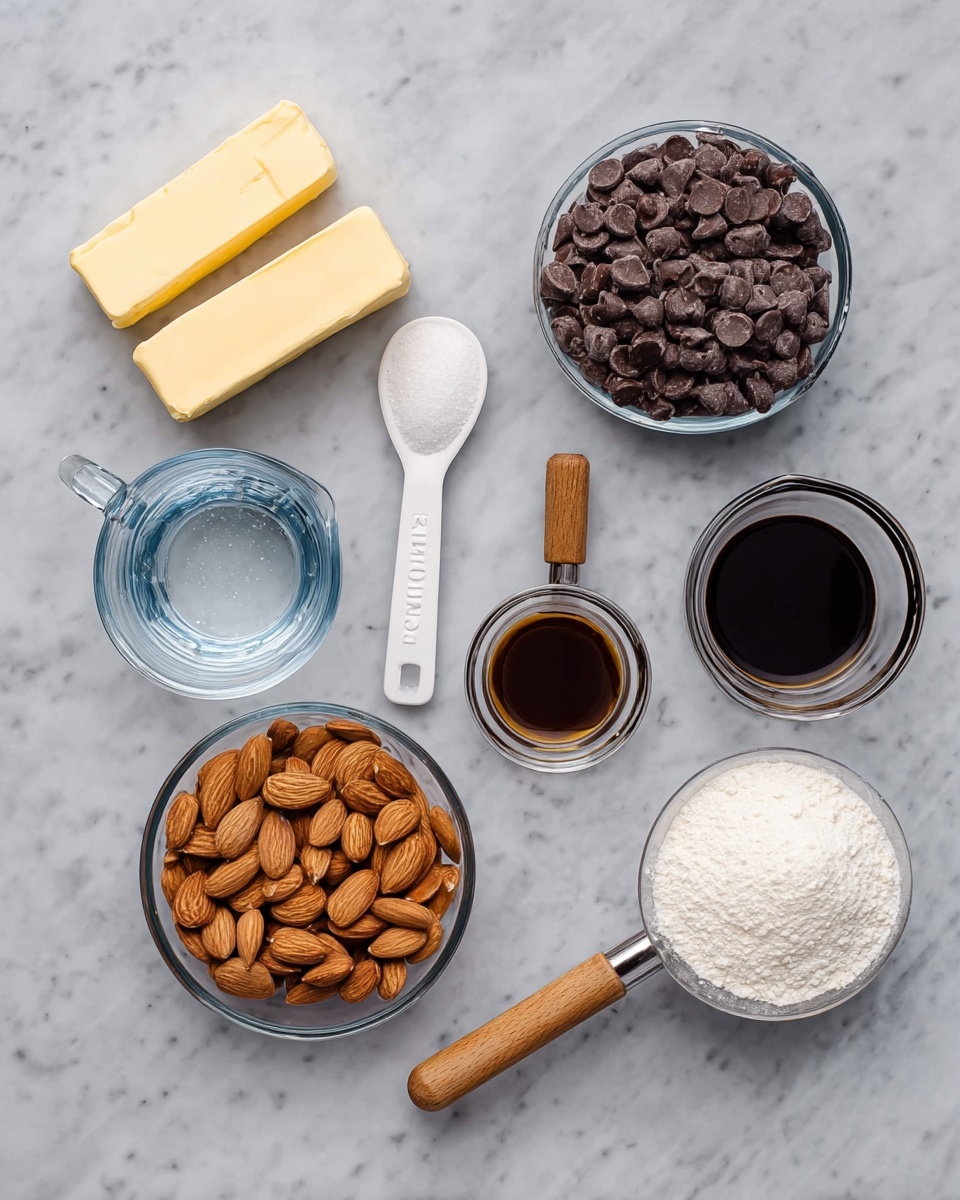 The image shows ingredients arranged separately on a white marbled surface. There are two sticks of pale yellow salted butter stacked horizontally at the top left. Below them is a small white measuring spoon filled with salt, with a wooden handle facing left. Next to it on the left side is a clear glass measuring cup with water. In the center, there is a clear glass bowl filled with whole, light brown almonds. To the right of that is a smaller measuring cup with dark brown vanilla extract and a wooden handle pointing right. Further right is a larger measuring cup filled with white granulated sugar, also with a wooden handle pointing right. At the top right corner, there is a clear glass bowl filled with dark brown chocolate chips. The whole setup has a clean and organized look. Photo taken with an iphone --ar 4:5 --v 7