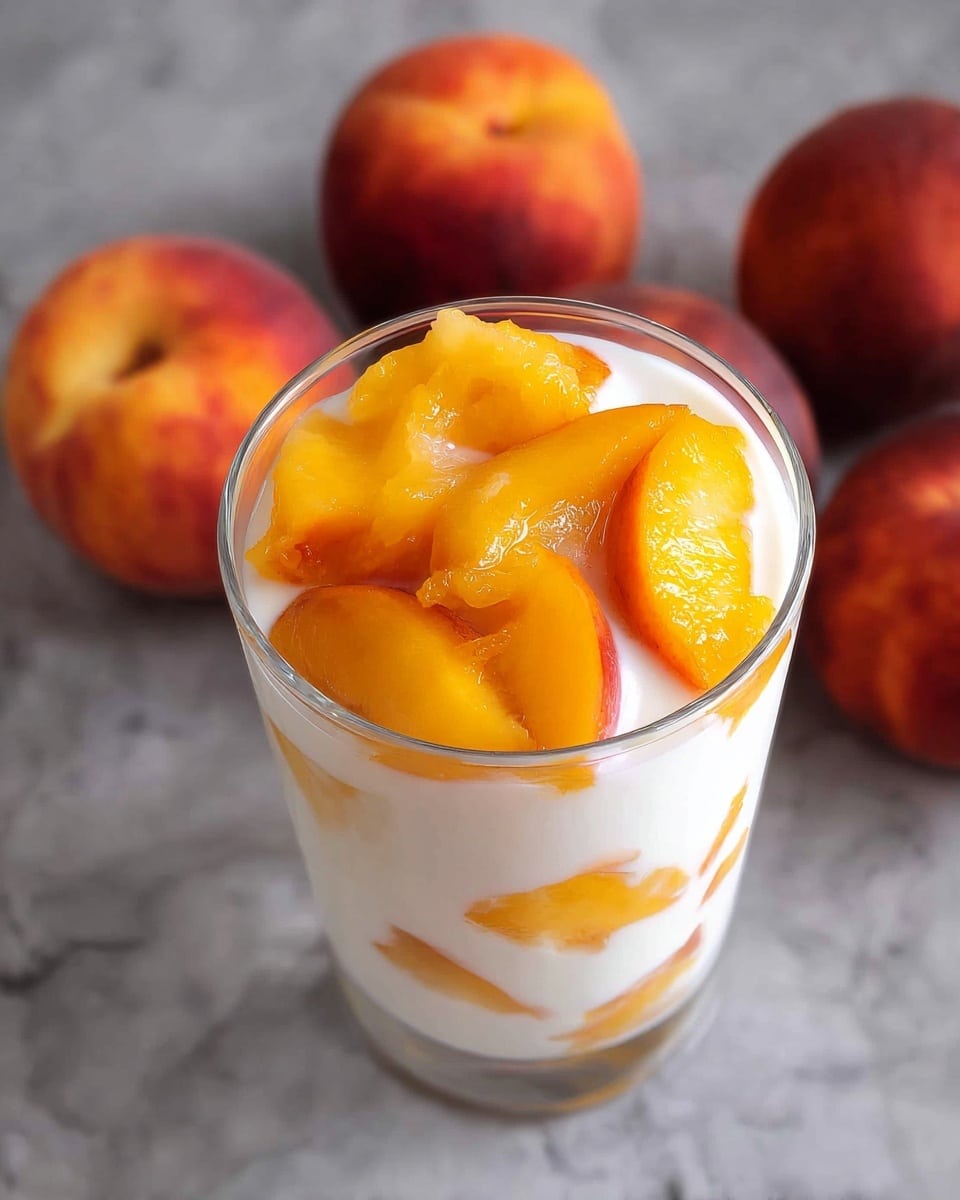 A clear glass filled with creamy white yogurt layered with bright orange-yellow peach slices. The peach pieces are thick and placed both mixed inside and sitting on top of the yogurt, showing their soft texture and vibrant color. In the background, there are whole peaches with red and yellow skin sitting on a white marbled surface. The photo is taken from above, focusing on the rich contrast between the yogurt and the peaches. Photo taken with an iphone --ar 4:5 --v 7