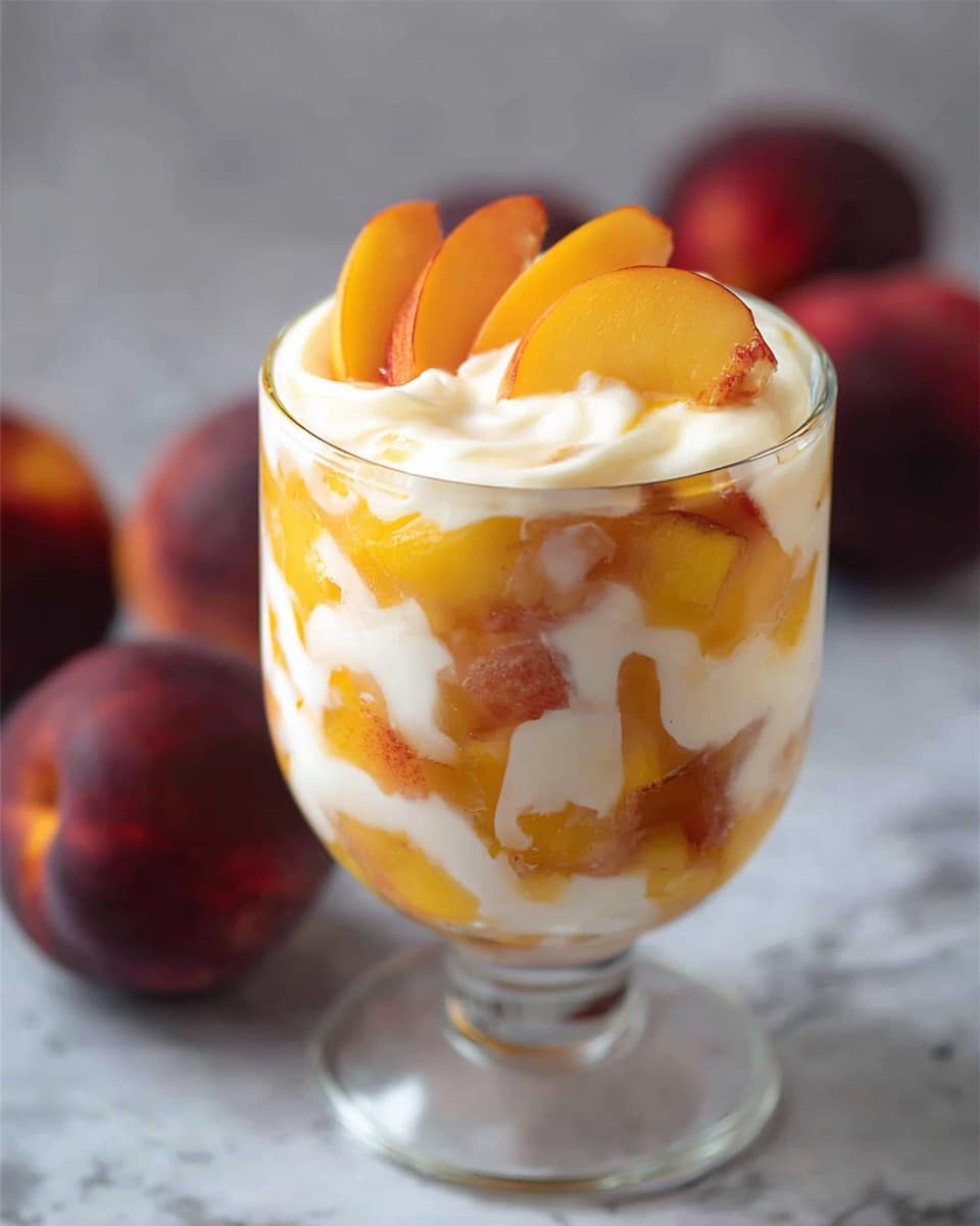 The image shows a clear glass filled with a layered dessert or drink. The bottom layer has small chunks of orange and yellow peach pieces. Above this, there is a thick, creamy white layer that swirls around the peach pieces. The peach pieces return again near the top, mixed in the creamy layer, with some fresh peach slices placed on top as garnish. The background is a white marbled surface with three whole dark red peaches blurred in the back. photo taken with an iphone --ar 4:5 --v 7