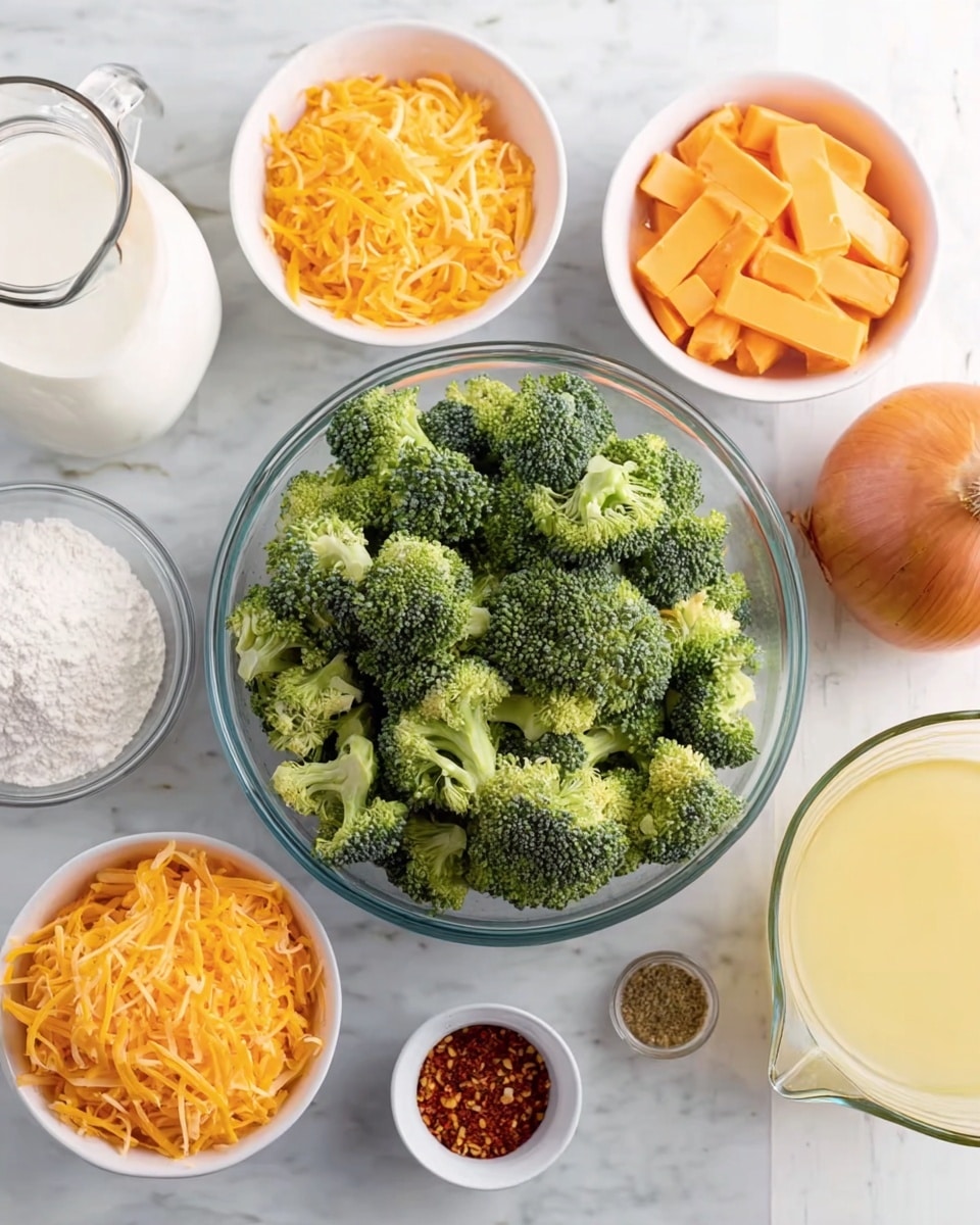 A collection of ingredients laid out neatly on a white marbled surface, featuring a large clear bowl in the center filled with bright green broccoli florets. Surrounding it are smaller white bowls and clear dishes containing shredded orange cheddar cheese, thin orange carrot sticks, a light brown whole onion, a small dish of red pepper flakes, a bowl of white flour, a bowl of light yellow broth, and a clear glass of white milk. The textures vary: the broccoli has a rough, bumpy surface, the cheese is finely shredded, the carrots are thin and smooth, and the onion has a smooth, papery skin. Photo taken with an iphone --ar 4:5 --v 7