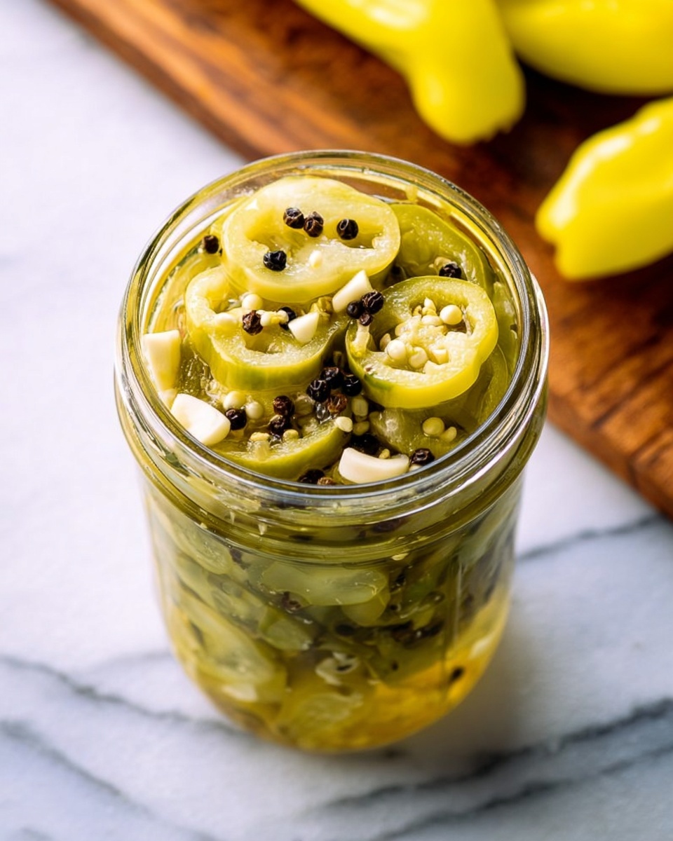 A clear glass jar filled with layers of sliced green pickled peppers, showing their pale yellow-green color and seeds inside. Mixed in are small chunks of white garlic and whole black peppercorns scattered throughout. The jar is open, revealing the top layer fully packed with peppers and spices. It sits on a white marbled surface, with partial view of yellow peppers on a wooden board in the blurred background. The overall look is fresh and colorful with a clear liquid brine holding everything together. photo taken with an iphone --ar 4:5 --v 7