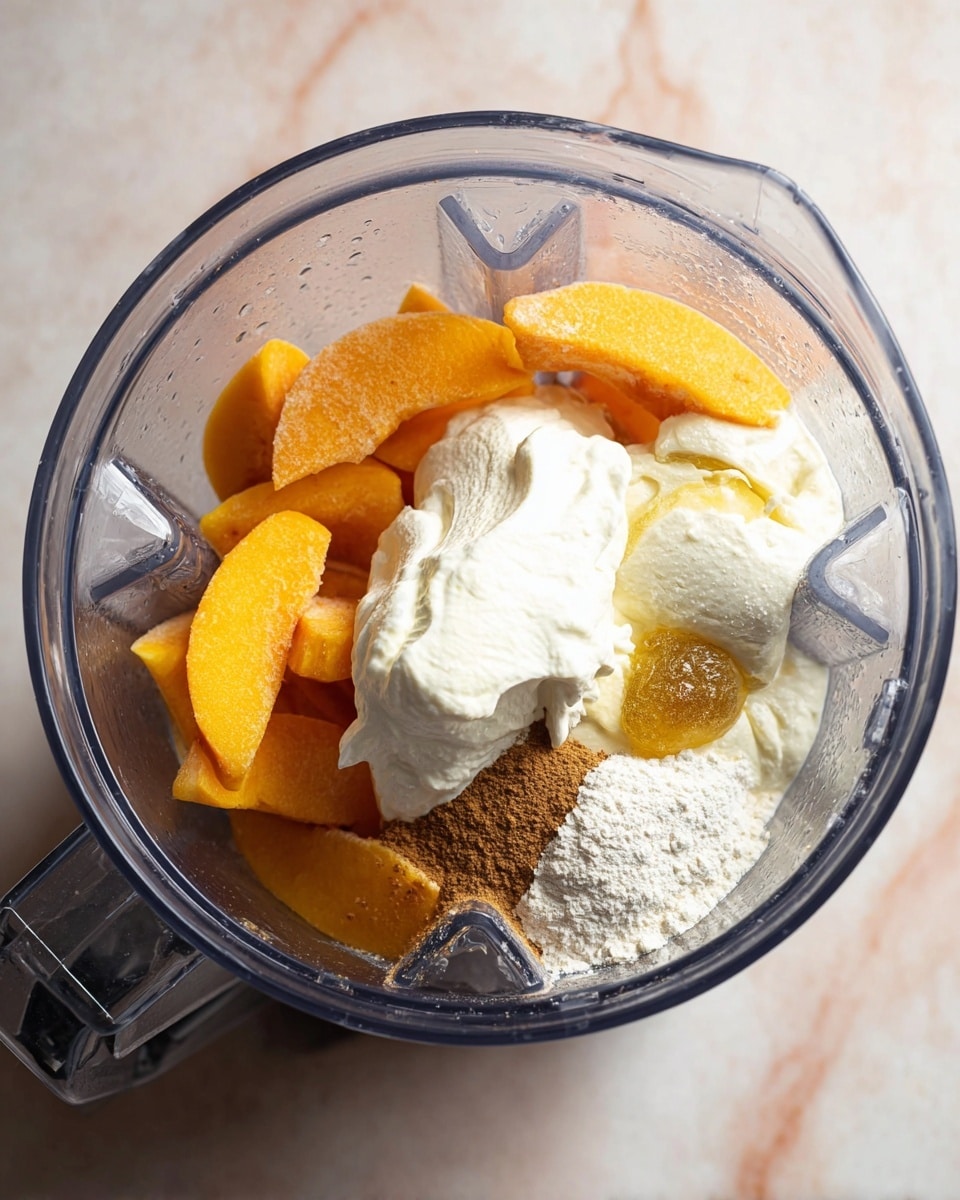 The image shows a clear blender jar with several ingredients inside arranged in layers. At the bottom, there are bright orange frozen peach slices with a frosty texture. On top of the peaches is a large dollop of thick and creamy white yogurt. Next to the yogurt, there is a portion of golden honey dripping slightly over the yogurt. There are small piles of white powder, likely flour or sugar, and a pile of light brown powder, possibly cinnamon or ground spice, placed beside each other close to the yogurt. The blender is set on a white marbled surface. photo taken with an iphone --ar 4:5 --v 7