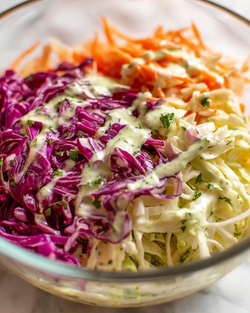 A close-up view of a clear bowl filled with coleslaw, showing three layers: the bottom layer has curls of pale white and light green shredded cabbage, the middle layer contains thin strips of bright orange carrot scattered among the cabbage, and the top layer features vibrant purple-red cabbage shreds with a creamy white dressing drizzled unevenly over it, speckled with small green herb pieces. The bowl is placed on a white marbled surface and the background is softly blurred, highlighting the fresh look of the salad photo taken with an iphone --ar 4:5 --v 7