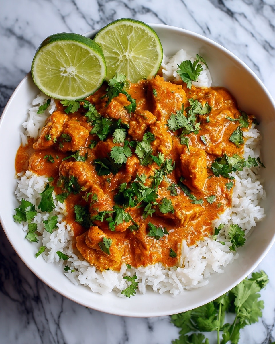 The image shows a white bowl on a white marbled surface filled with white rice as the bottom layer, topped with chunks of orange-colored chicken curry sauce as the second layer, garnished with fresh green cilantro leaves scattered on top. Two bright green lime wedges sit on the rice near the chicken, adding a fresh touch to the dish. Photo taken with an iphone --ar 4:5 --v 7