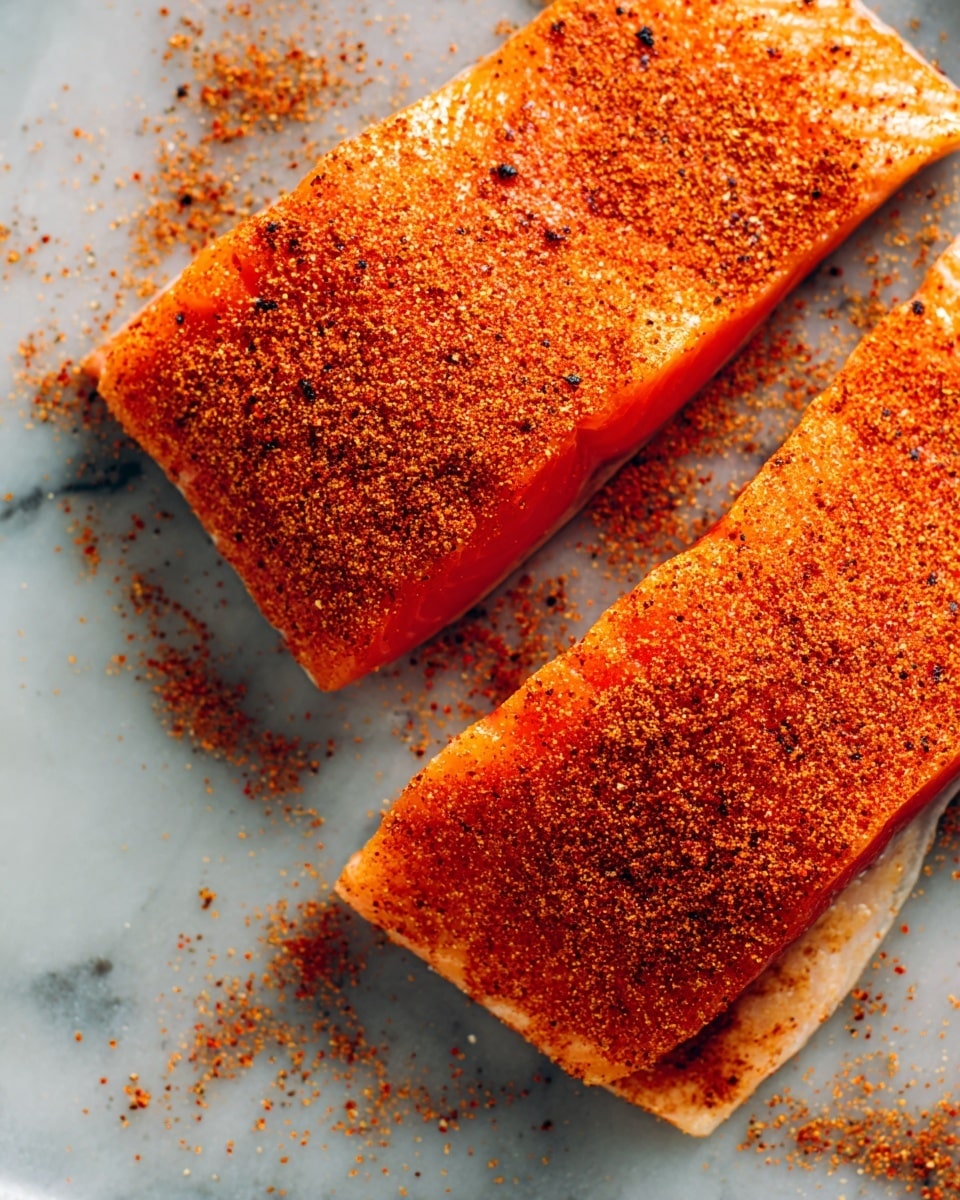Two pieces of raw salmon fillets lie flat on a white marbled surface, each heavily coated with a bright orange-red spice rub. The spice layer covers the top side completely with a grainy texture, with extra spice scattered around the fillets on the surface. The salmon flesh underneath glows with a glossy, fresh pinkish-orange color that contrasts with the rough spice coating. Photo taken with an iphone --ar 4:5 --v 7