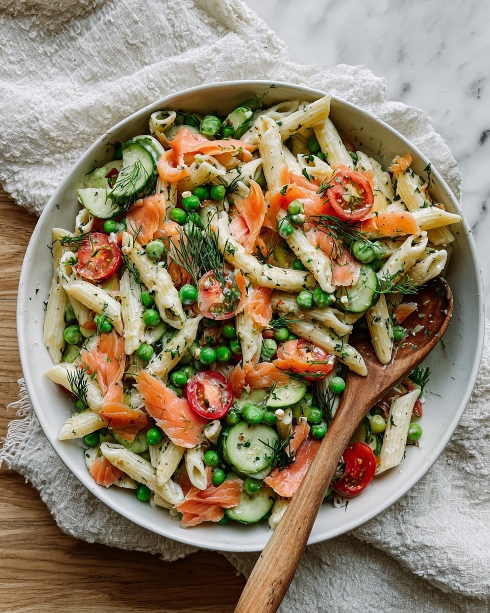 A large white bowl filled with creamy pasta salad sits on a white marbled surface. The salad has three main layers: the top layer is white creamy penne pasta, mixed with bright green peas, thin slices of green cucumber, and halved red cherry tomatoes. Scattered among these are soft orange pieces of smoked salmon and small sprigs of fresh dill. A wooden spoon is partially buried in the bowl, with some pasta and veggies clinging to it. Next to the bowl, a white plate holds a smaller serving of the same salad with similar colorful layering of pasta, peas, cucumber, tomatoes, salmon, and dill. Photo taken with an iphone --ar 4:5 --v 7