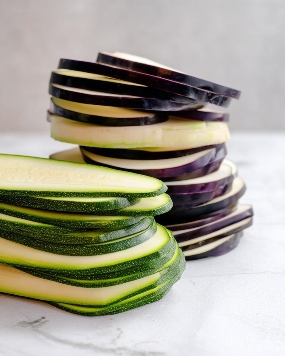 The image shows two stacks of thinly sliced vegetables on a white marbled surface. The taller stack at the back consists of long, smooth eggplant slices with dark purple edges and pale inside layers, stacked unevenly on top of each other. In front, there is a shorter stack of green zucchini slices with a smooth texture and light green inner flesh. Both stacks are closely placed side by side, emphasizing the contrast between the green and purple colors. photo taken with an iphone --ar 4:5 --v 7