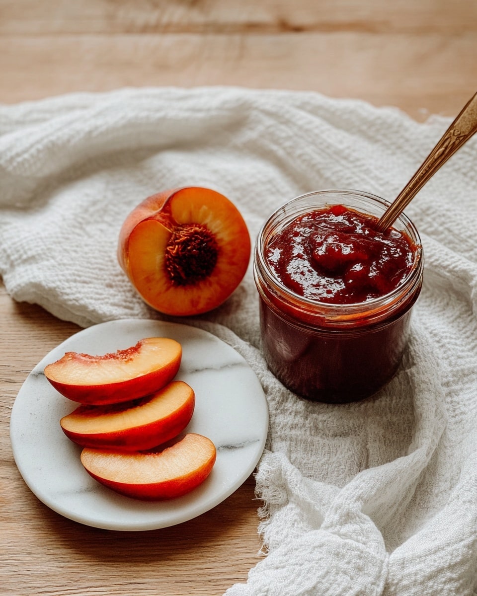A jar filled with thick, dark red peach jam with a spoon inside sits on a white marbled surface, next to a soft white cloth with a textured pattern. To the left of the jar, a white plate holds one large half peach showing the pit and three peach slices arranged below it, displaying their soft orange and red skin and juicy flesh. The background is a smooth wood texture with visible grain. photo taken with an iphone --ar 4:5 --v 7