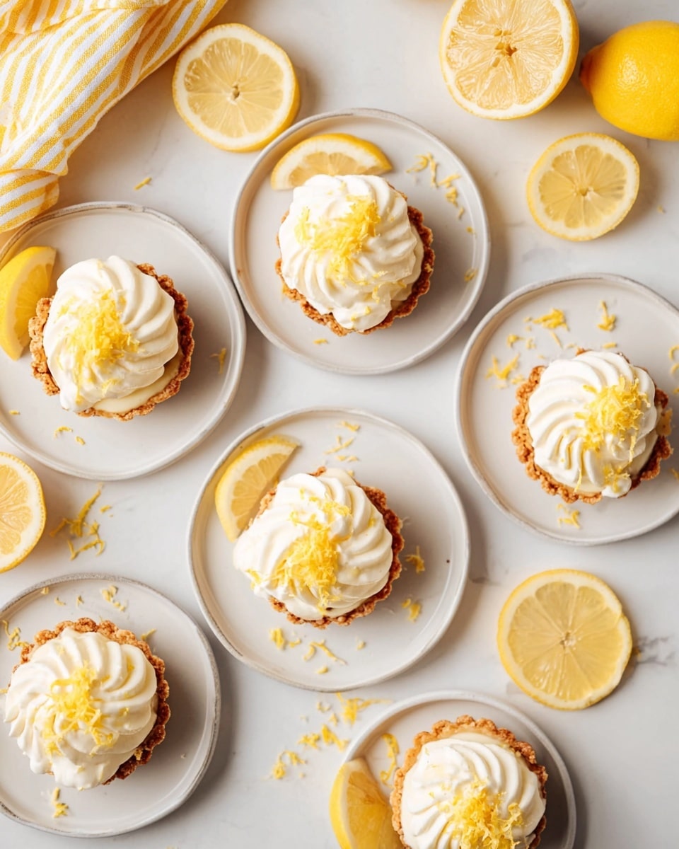 The image shows several small tartlets arranged on four white plates placed on a white marbled surface. Each tartlet has a golden-brown crust base filled with a creamy white swirl topping. On top of the creamy layer, there is a small yellow lemon wedge and some finely shaved yellow zest, adding color contrast. Around the plates, there are thin lemon slices and a yellow-striped cloth to the left, enhancing the fresh and bright look of the presentation. The photo has a soft, natural light making the food look fresh and inviting. Photo taken with an iphone --ar 4:5 --v 7