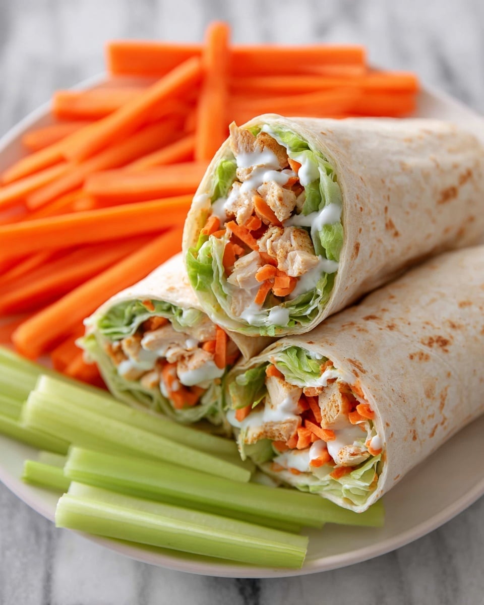 The image shows two wraps cut in half, placed upright on a white plate with a white marbled surface. Each wrap has three main visible layers: the outer pale yellow tortilla, a middle layer of bright green lettuce leaves, and an inner filling of light orange shredded chicken mixed with thin, vibrant orange carrot strips. The wraps are accompanied by several pieces of fresh celery and carrot sticks at the bottom of the plate, adding more green and orange colors to the scene. The focus is clear on the wraps, showing texture in the chicken and fresh vegetables, while the background is softly blurred. Photo taken with an iphone --ar 4:5 --v 7