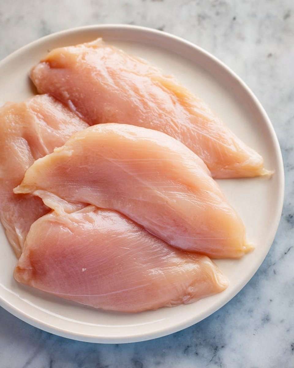 The image shows a white plate holding four large, raw, thin chicken fillets spread out to cover most of the plate's surface. The fillets have a pale pink color with a smooth, slightly shiny texture, and some faint lines from the meat fibers are visible. The plate is set on a white marbled surface that contrasts with the light color of the meat. Photo taken with an iphone --ar 4:5 --v 7