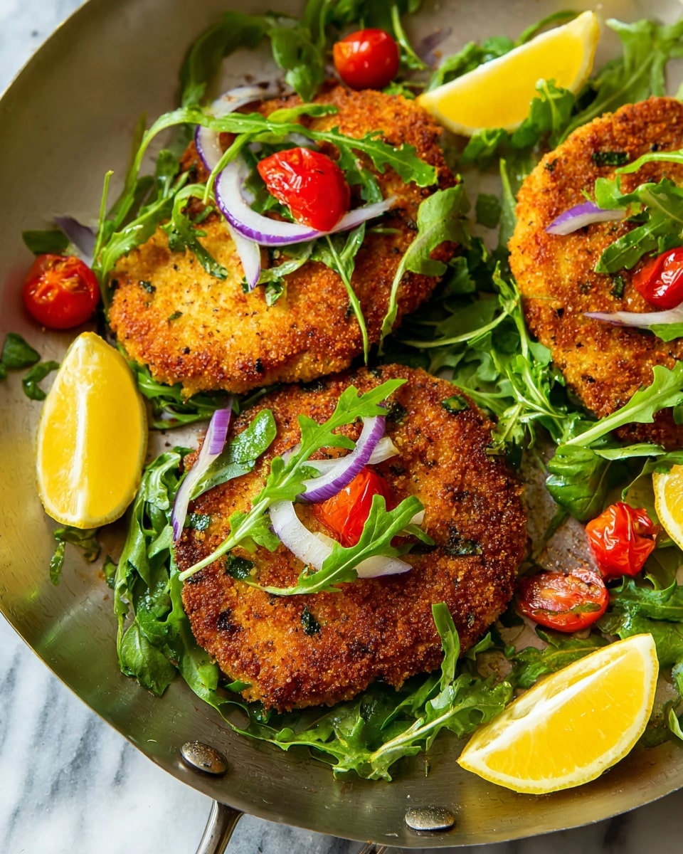 The image shows three golden-brown breaded pieces cooking in a silver pan with a slight shine. Each piece has a rough, crispy texture with small green herbs mixed in the coating. The breaded pieces cover most of the pan's surface, arranged in a triangular shape, with the front piece slightly larger and more detailed. The background is a white marbled texture seen beyond the pan edges. photo taken with an iphone --ar 4:5 --v 7