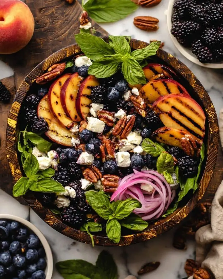Grilled Peach Salad with Blackberries, Avocado and Maple Pecans Recipe