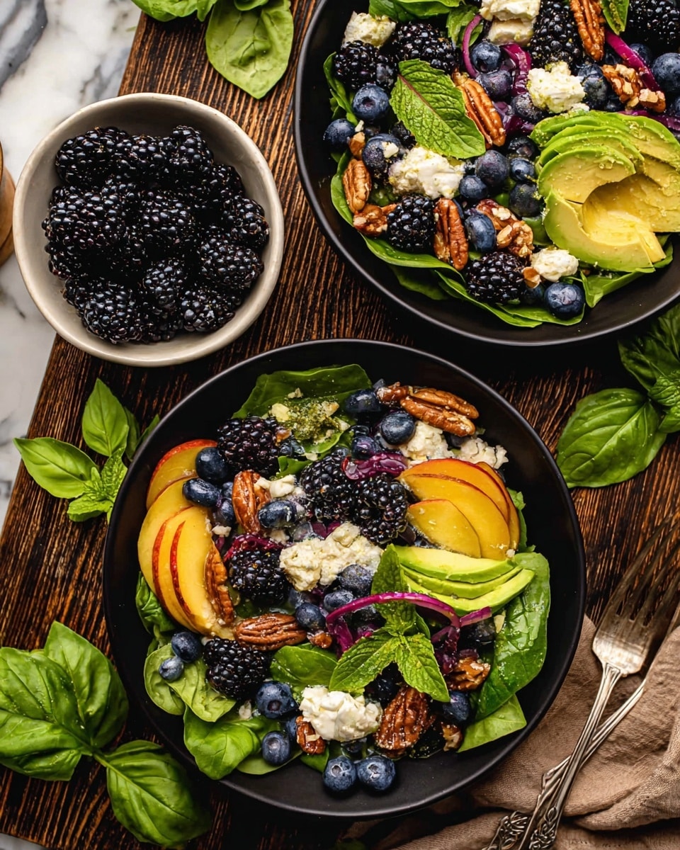 A close-up view of a salad in a round rustic bowl with a dark wooden texture and gold accents around the edge. The salad has several layers: the bottom layer shows dark blackberries and blueberries, alongside slices of grilled peaches with brown grill marks. Scattered among these are orange-brown pecans and white chunks of cheese with a rough texture. Bright green fresh basil and mint leaves are spread on top, along with thin slices of pink pickled onions. Around the bowl on a white marbled surface, there are small white bowls filled with additional blackberries, blueberries, and pecans, with some blackberries and green leaves placed loosely nearby. Photo taken with an iphone --ar 4:5 --v 7