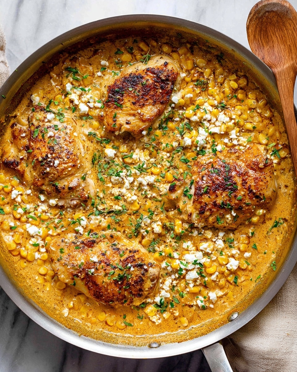 In a large metal pan, there are four golden brown cooked pieces of chicken on top of a creamy orange sauce mixed with yellow corn kernels. The sauce has a slightly thick texture with bits of herbs and small green leaves sprinkled all over. White crumbled cheese is scattered on the top, adding contrast to the warm colors of the chicken and sauce. A wooden spoon is placed near the pan on a white marbled surface. photo taken with an iphone --ar 4:5 --v 7