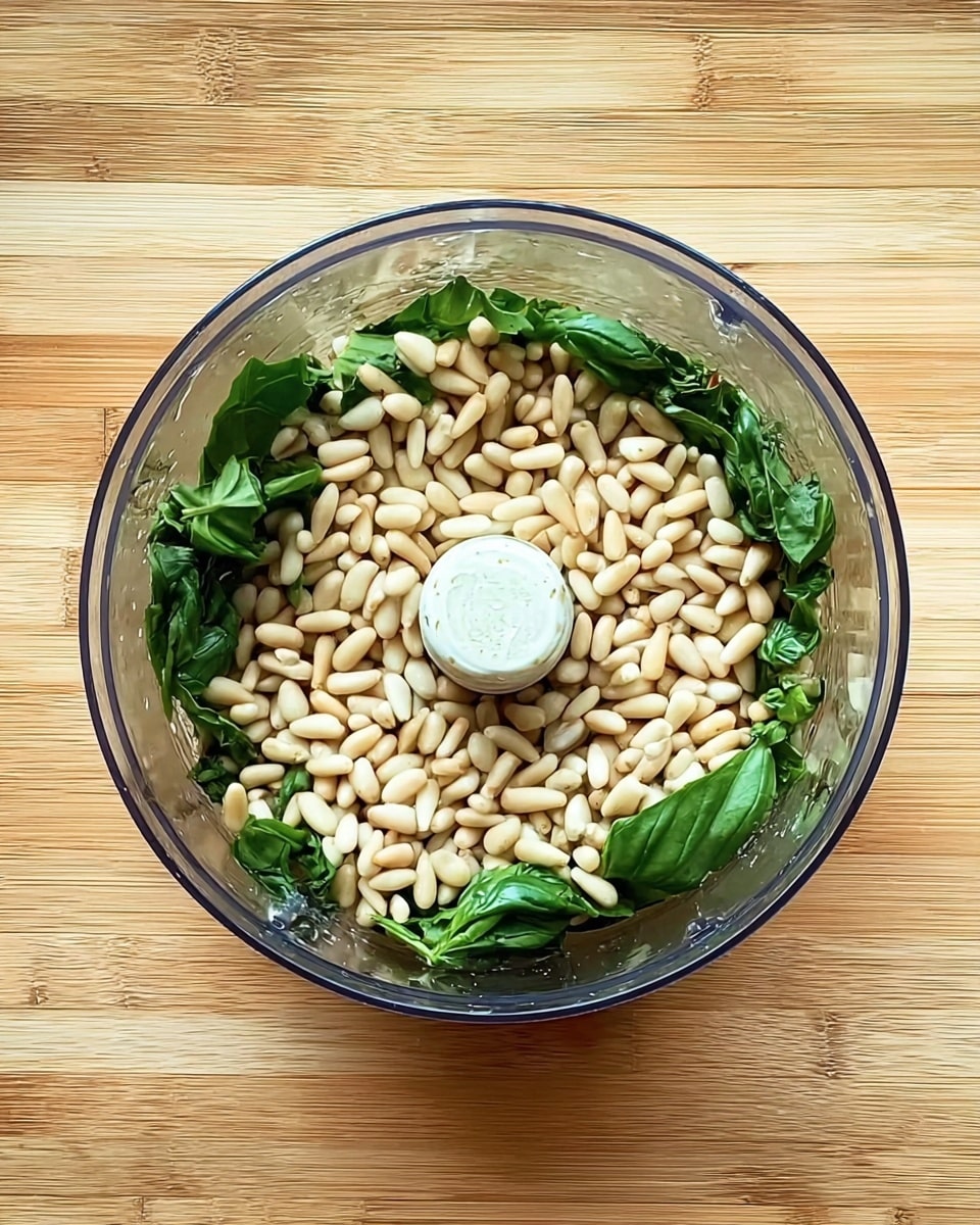 A clear round food processor bowl filled with fresh basil leaves as the bottom green layer, topped with a thick layer of pale beige pine nuts evenly spread across. The bowl sits on a light wooden surface. Photo taken with an iphone --ar 4:5 --v 7