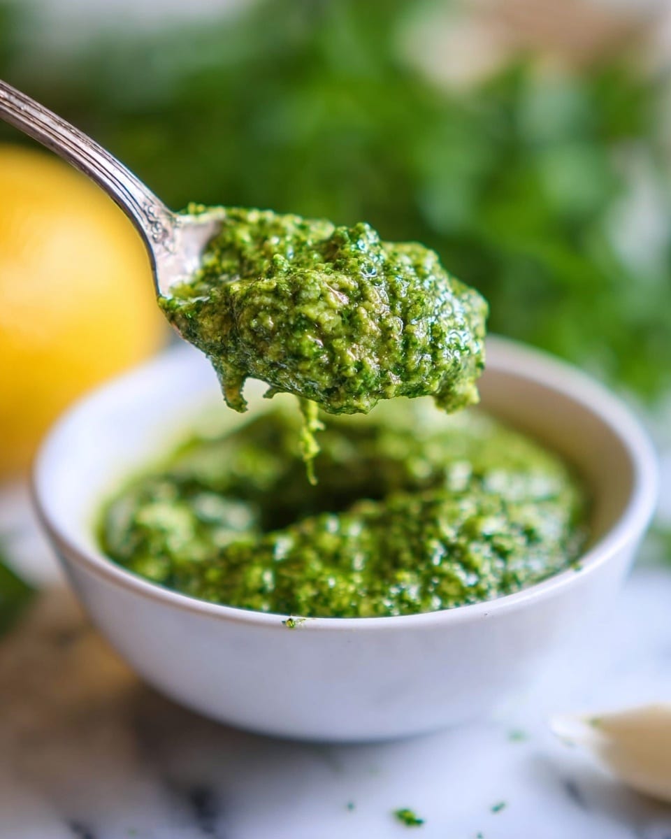 A close-up image of a small white bowl filled with green pesto sauce that has a coarse, slightly chunky texture. A silver spoon is lifted above the bowl, holding a generous scoop of the vibrant green pesto, showing its thick and fresh look. The bowl sits on a surface with a white marbled texture, and the blurred background includes hints of a lemon and greenery, adding to the fresh feel. Photo taken with an iphone --ar 4:5 --v 7
