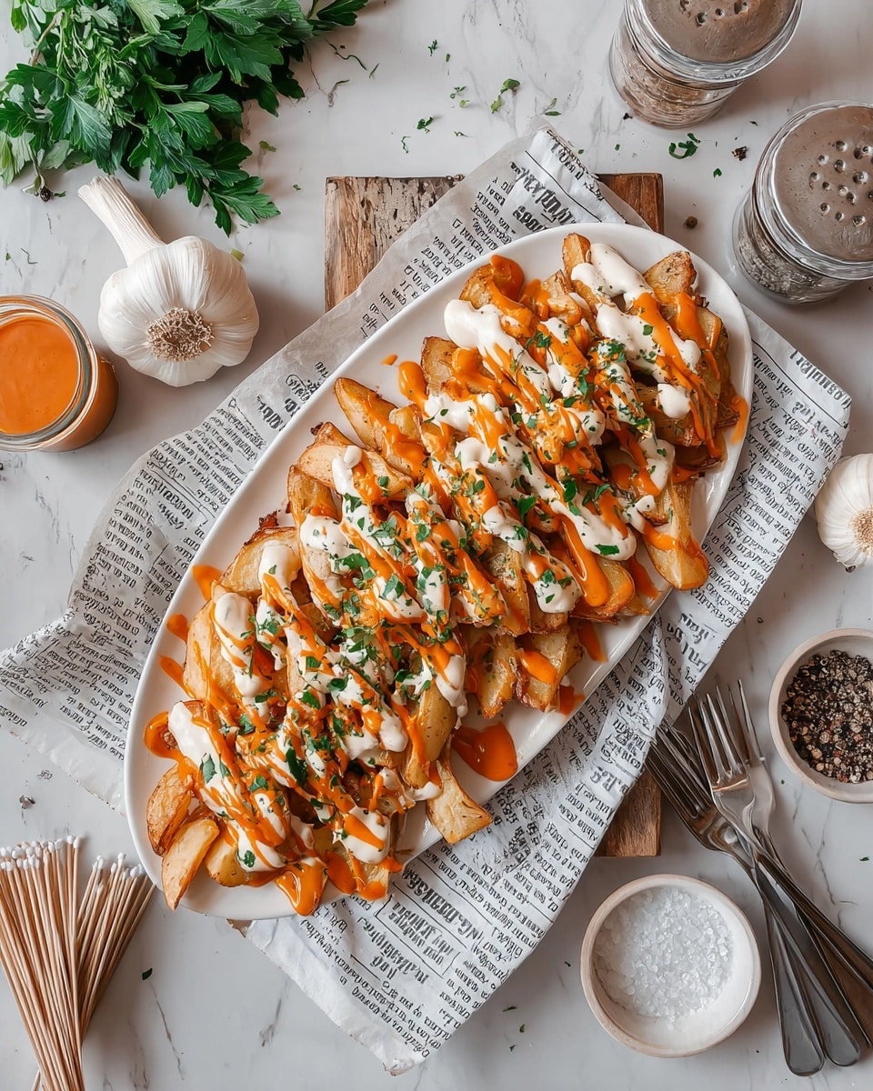 A white oval plate holds one layer of thick, golden-brown potato wedges, spread evenly and covered with two sauces drizzled on top; one sauce is creamy white and the other is bright orange. Small pieces of green herbs are scattered over the wedges and sauces. The plate is lined with newspaper-style paper. Around the plate, there are some forks, a bunch of green parsley, a whole garlic bulb, a small jar of toothpicks, and two white bowls with black pepper and coarse salt on a white marbled surface. Photo taken with an iphone --ar 4:5 --v 7