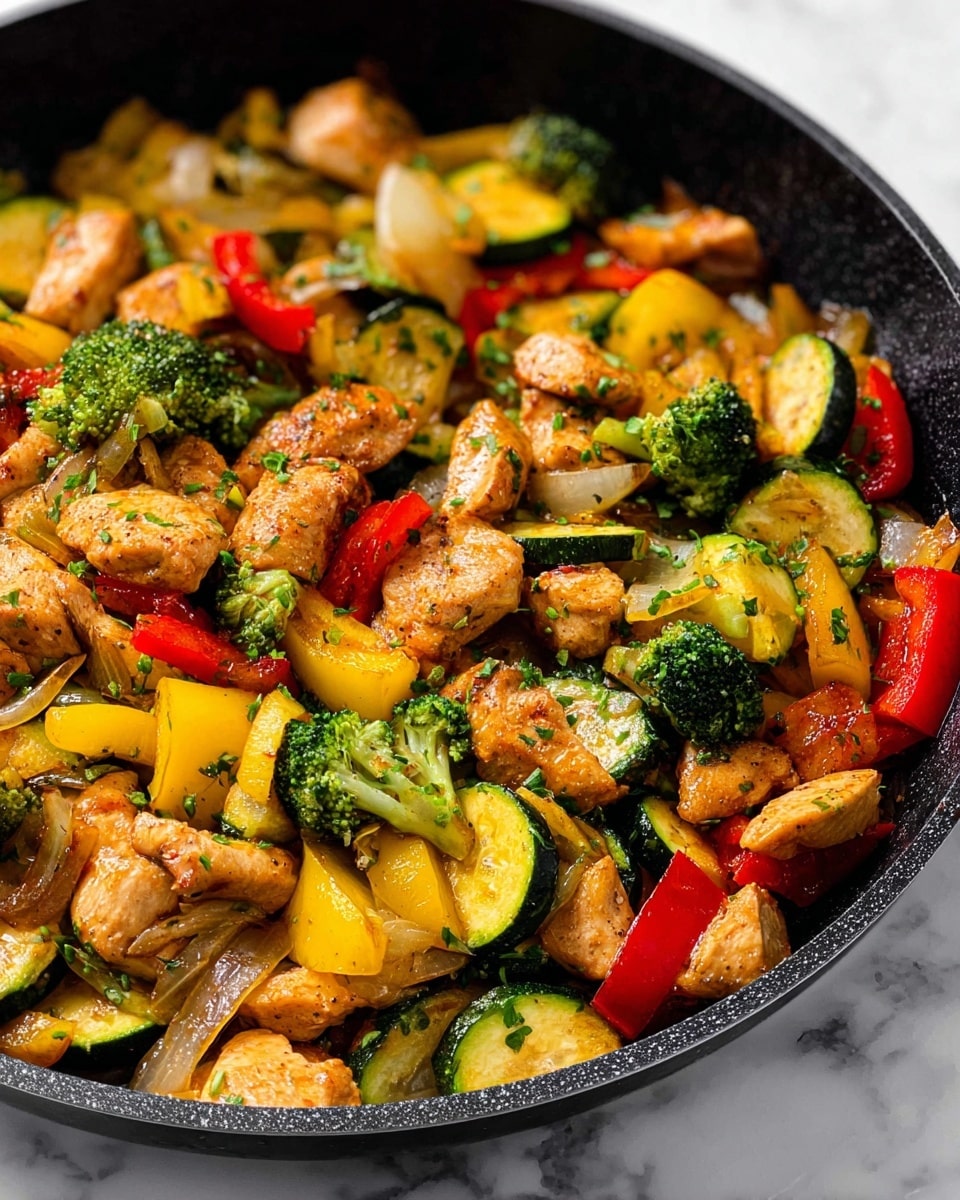 The image shows a black pan full of colorful stir-fried chicken and vegetables. The dish has several layers: tender, golden-brown chicken pieces scattered throughout, bright green broccoli chunks, thick slices of yellow and red bell peppers, and round green zucchini slices. There are also soft, translucent slices of onion mixed with the vegetables. The ingredients look well cooked with a light shine, and small bits of green herbs are sprinkled over the dish, adding freshness. The pan sits on a white marbled surface. photo taken with an iphone --ar 4:5 --v 7