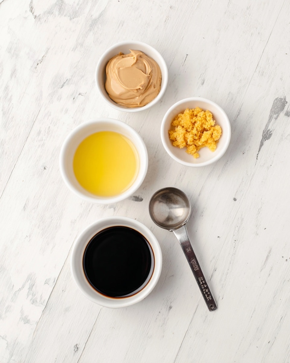 Five small white bowls are arranged on a white marbled surface in a loose circle. The top bowl holds a pale beige creamy substance, the left bowl contains smooth light brown peanut butter, the bottom left bowl has a golden yellow liquid, the right bowl shows a small pile of bright yellow grated ginger, and the bottom right hold a metal measuring spoon filled with dark soy sauce. photo taken with an iphone --ar 4:5 --v 7