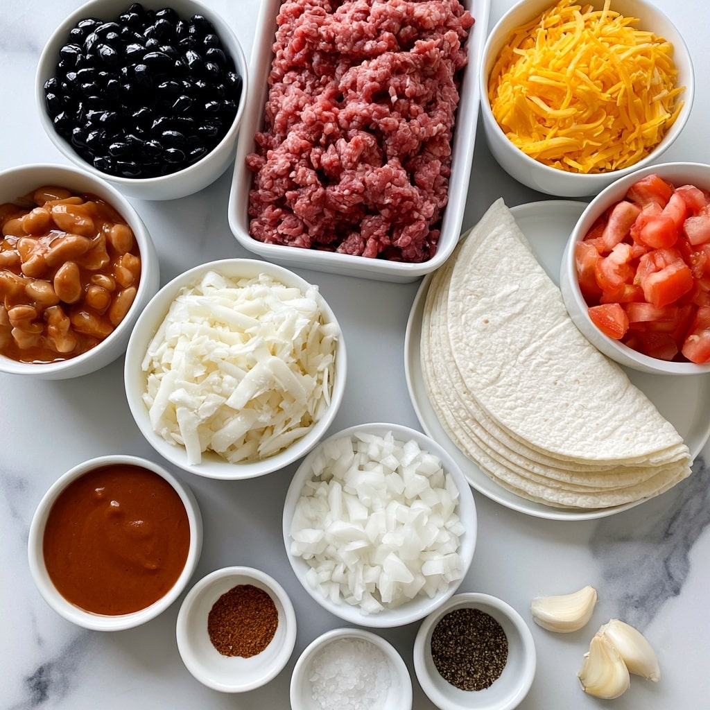 A top view of various white bowls and a white rectangular tray with different ingredients arranged neatly on a white marbled surface; starting from the top left, a white bowl filled with shiny black beans, a white rectangular tray with tightly packed raw ground beef in a pinkish-red color at the center, and a white bowl containing bright orange shredded cheddar cheese on the top right; below the black beans is a white bowl with white shredded Monterey Jack cheese, and next to it, a white bowl with diced red tomatoes; next to the cheddar cheese is a white plate stacked with several white corn tortillas; a white bowl filled with finely chopped white onion sits below the plate, while to the left is a small white bowl with smooth reddish-brown enchilada sauce; at the bottom, small white bowls hold ground chili powder, coarse salt, cumin powder, and cracked black pepper, with two garlic cloves lying nearby on the marble surface; all ingredients have clear labels in bold black font; photo taken with an iphone --ar 4:5 --v 7