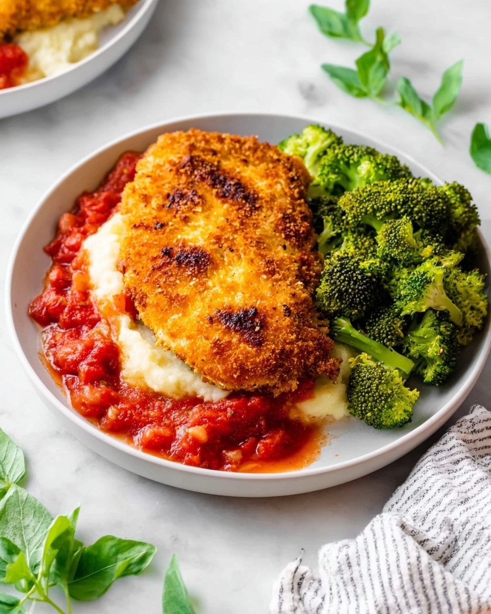 A white round plate holds a dish with three main layers: the bottom layer is bright red tomato sauce with visible chunks; on top of that is a creamy, pale white layer of mashed potatoes; the top layer is a large, golden brown, crispy breaded cutlet with a slightly uneven, crunchy texture and some dark spots from cooking. Next to the layered cutlet is a serving of vibrant green broccoli florets, fresh and slightly shiny. The plate is placed on a white marbled surface, with a striped white and gray cloth near the bottom and some green leaves around the edges. Photo taken with an iphone --ar 4:5 --v 7