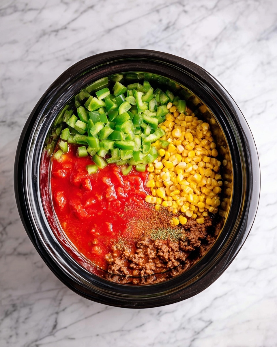 A black slow cooker sits on a white marbled surface, filled with four visible layers of ingredients separate but close together. The base layer is brown cooked ground meat with some juice. On top, there is a bright red tomato sauce pooling on one side. Next to it, diced fresh green bell peppers add a bright green, textured block. Near the peppers, there is a large pile of yellow corn kernels with some seasoning mixed in. Photo taken with an iphone --ar 4:5 --v 7