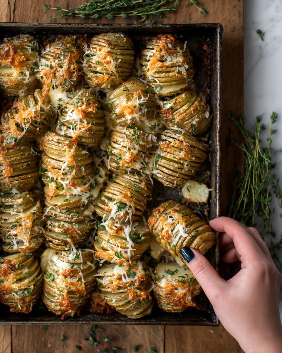 This image shows a baking tray full of hasselback potatoes, each potato sliced in thin layers standing upright closely packed inside the tray. The potatoes have a golden-brown roast on the edges with melted cheese sprinkled all over the top, adding a slightly crispy texture. Green, chopped herbs are scattered between and on top of the slices, adding pops of green color. Around the potatoes, sprigs of fresh thyme are placed for garnish. In the corner, a woman's hand with dark painted nails is seen reaching toward the food as if picking up a slice. The tray is placed on a wooden surface, but imagine it on a white marbled texture for the description. Photo taken with an iphone --ar 4:5 --v 7