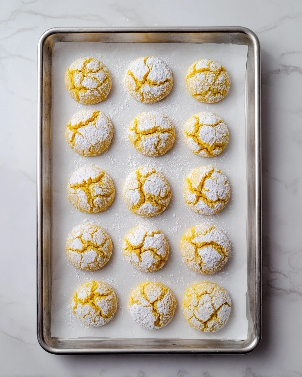 A metal baking tray lined with white parchment paper holds fifteen round yellow cookies, each coated with a cracked layer of white powdered sugar. The cookies are arranged in a neat grid across the tray on a white marbled surface. Photo taken with an iphone --ar 4:5 --v 7