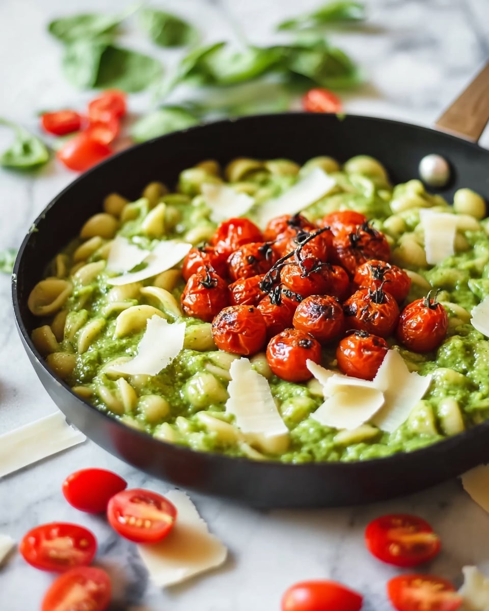 A black pan filled with green creamy sauce covering shell pasta evenly, the sauce has a smooth texture mixed with the pasta shells. On top of the pasta, there is a cluster of small, bright red roasted cherry tomatoes with some charred spots, and white thin shaved cheese flakes scattered around the tomatoes. The pan rests on a white marbled surface with a few loose red cherry tomatoes near the bottom. photo taken with an iphone --ar 4:5 --v 7
