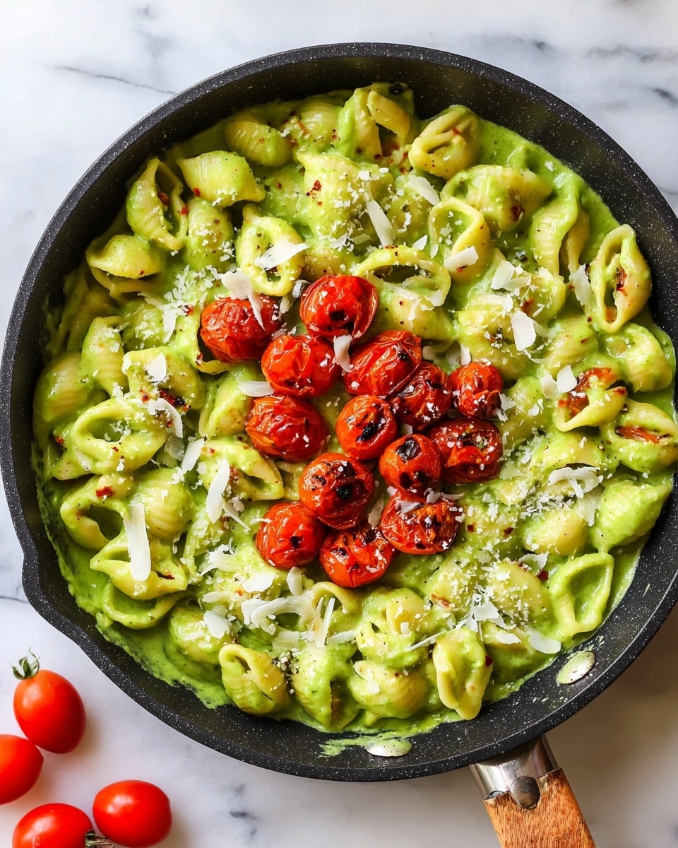 A black pan filled with three layers of food sits on a white marbled surface. The bottom layer is a bed of small shell pasta covered in a thick, smooth green sauce, taking up most of the pan. On top of the green sauce is a layer of bright, roasted cherry tomatoes, slightly charred and grouped in the center. Scattered around the tomatoes and pasta are thin shavings of pale cheese adding texture. Around the pan, some loose cherry tomatoes and cheese shavings are spread on the white marbled surface. In the background, blurred green leaves add a touch of fresh color. Photo taken with an iphone --ar 4:5 --v 7